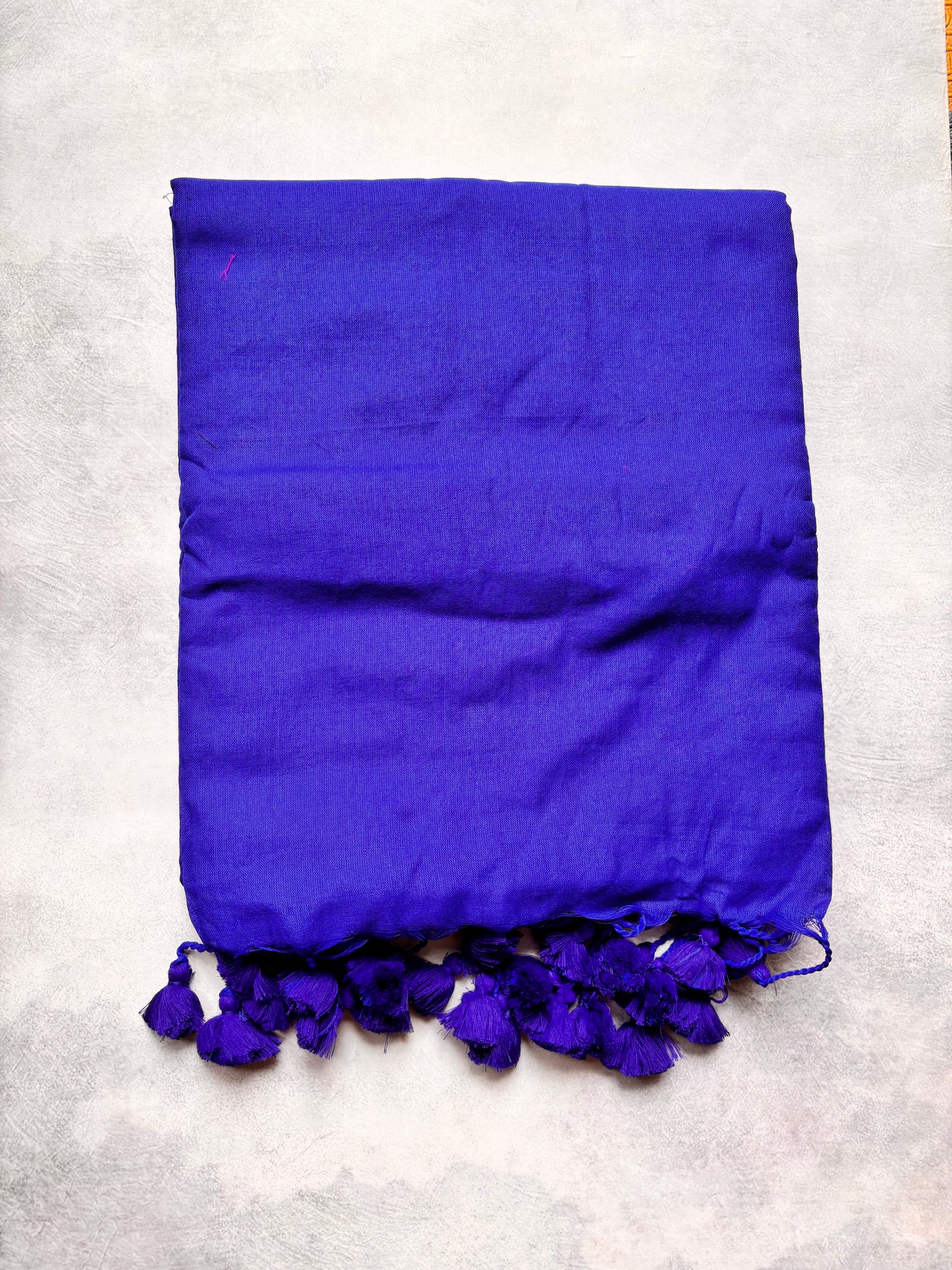 Plain Kadhi Cotton Saree in Royal Blue with Navy Blue Tassels