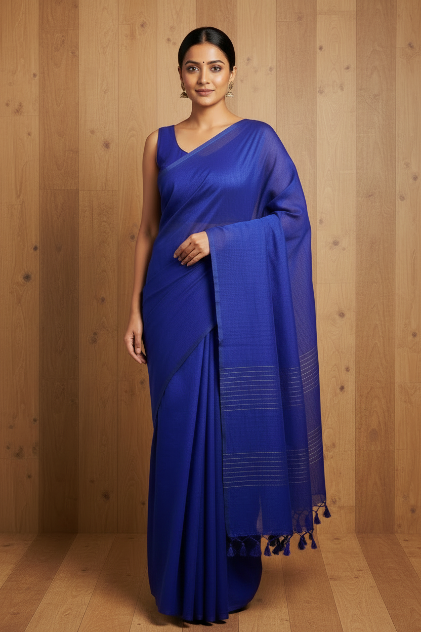 Plain Kadhi Cotton Saree in Royal Blue with Navy Blue Tassels | TLL068