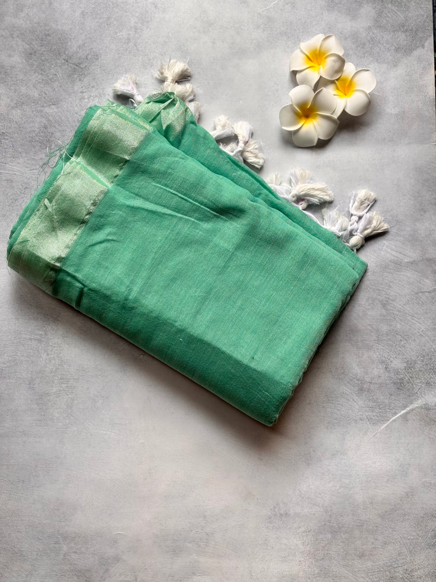 Plain 120 Count Kadhi Cotton Saree in Sky Blue with White Tassels | The Laya Looms