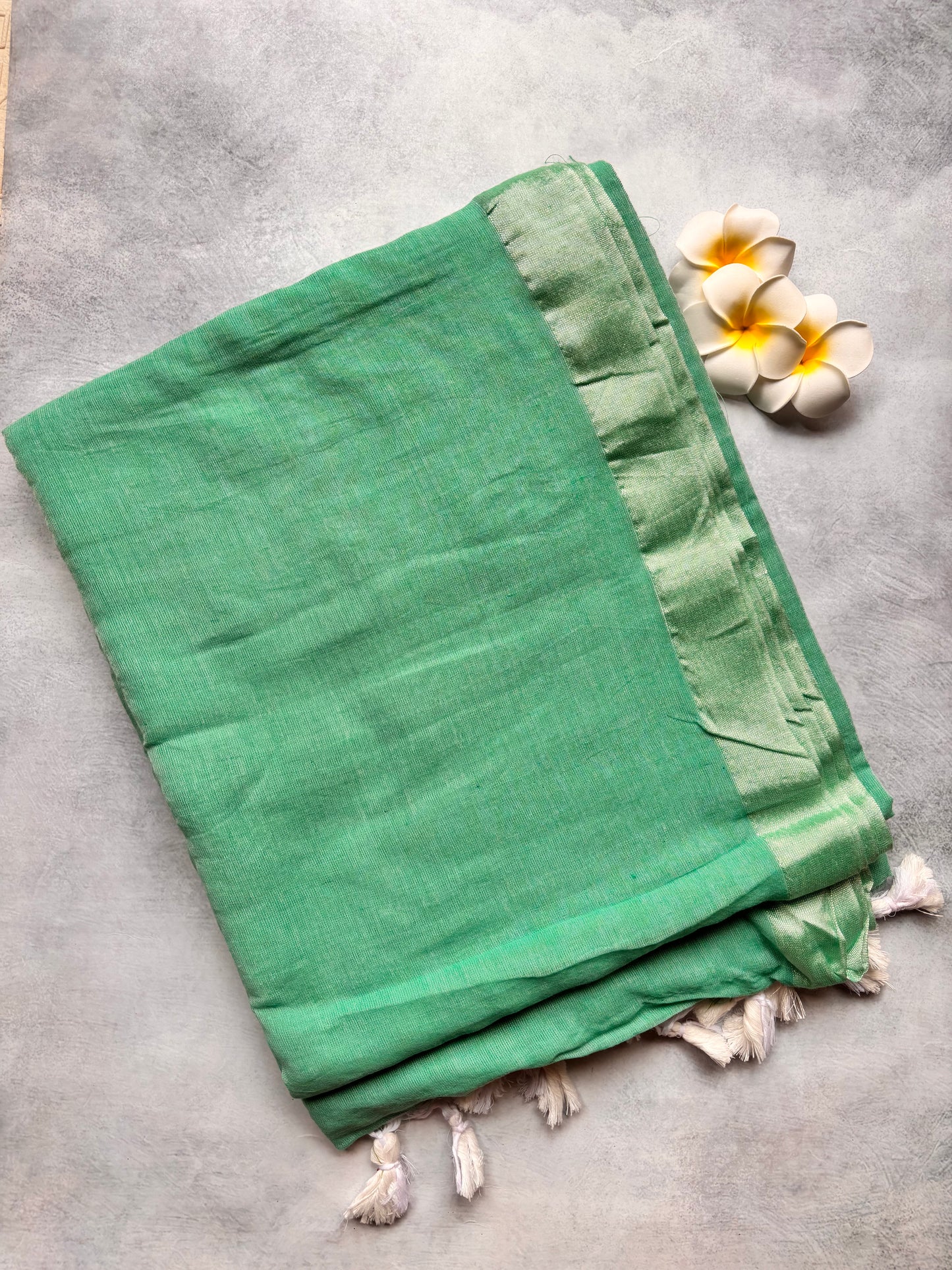 Plain 120 Count Kadhi Cotton Saree in Sky Blue with White Tassels | The Laya Looms