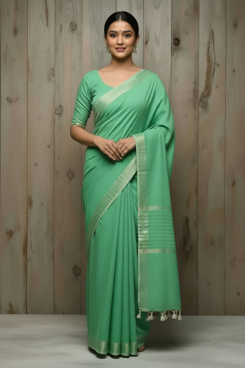 Plain 120 Count Kadhi Cotton Saree in Sky Blue with White Tassels | The Laya Looms | TLL070