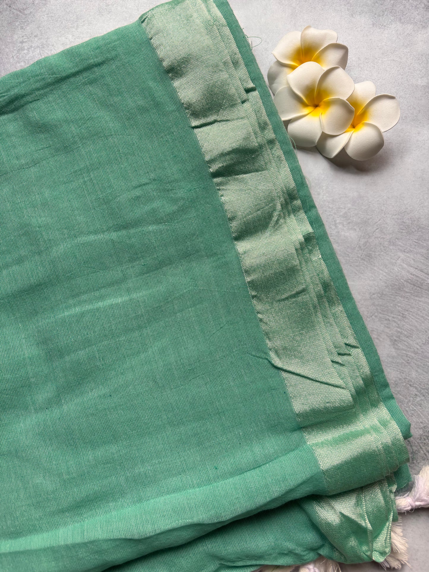 Plain 120 Count Kadhi Cotton Saree in Sky Blue with White Tassels | The Laya Looms