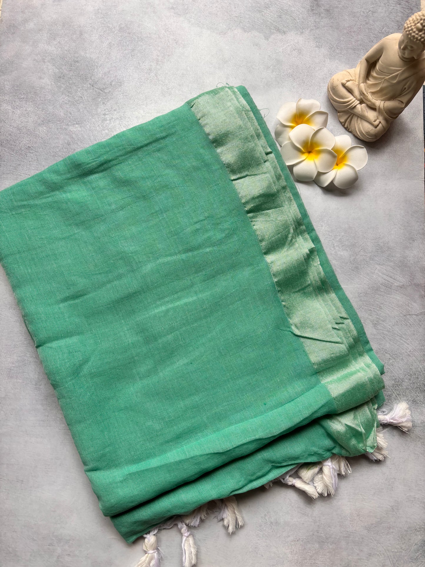 Plain 120 Count Kadhi Cotton Saree in Sky Blue with White Tassels | The Laya Looms