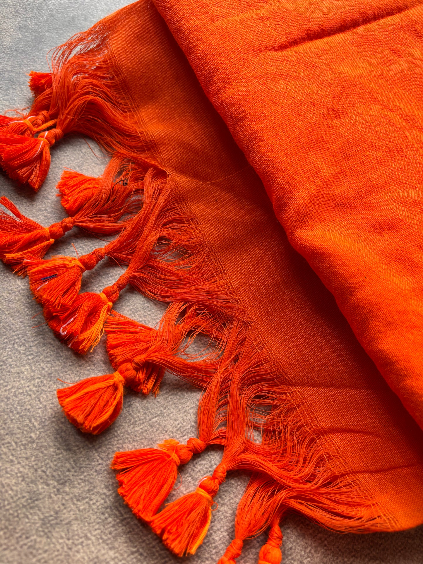 Plain Kadhi Cotton Saree in Orange with Orange Tassels & Kantha Work Blouse | The Laya Looms
