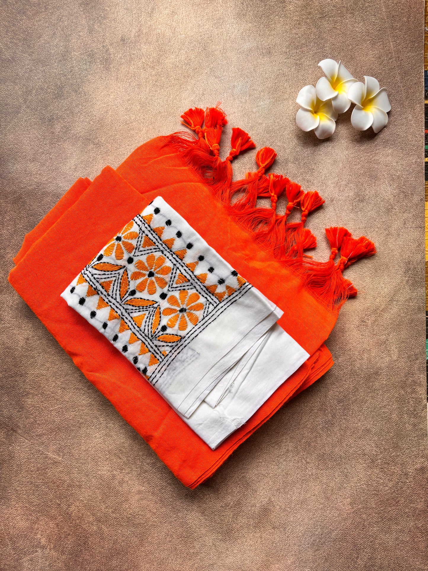 Plain Kadhi Cotton Saree in Orange with Orange Tassels & Kantha Work Blouse | The Laya Looms