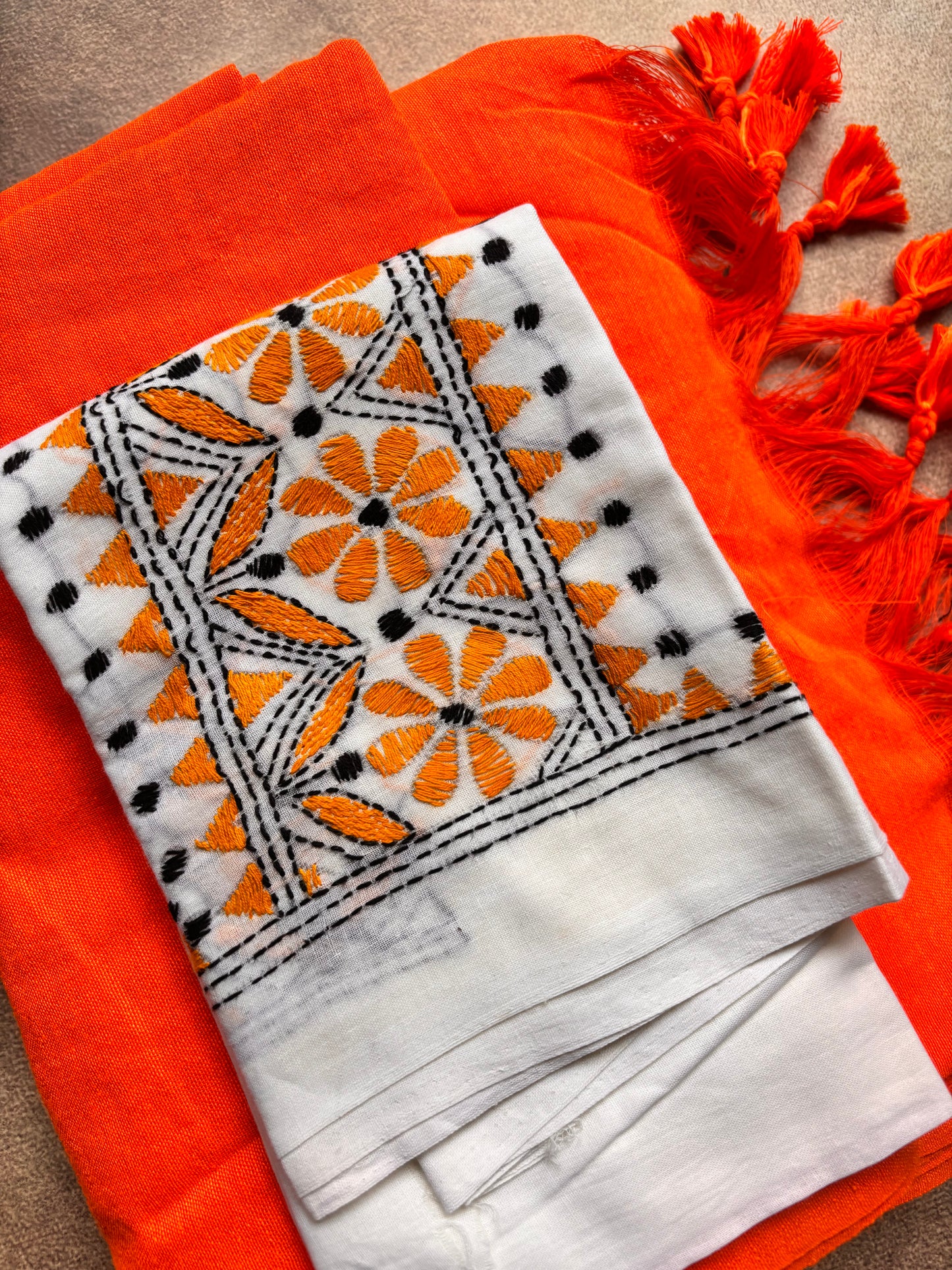 Plain Kadhi Cotton Saree in Orange with Orange Tassels & Kantha Work Blouse | The Laya Looms
