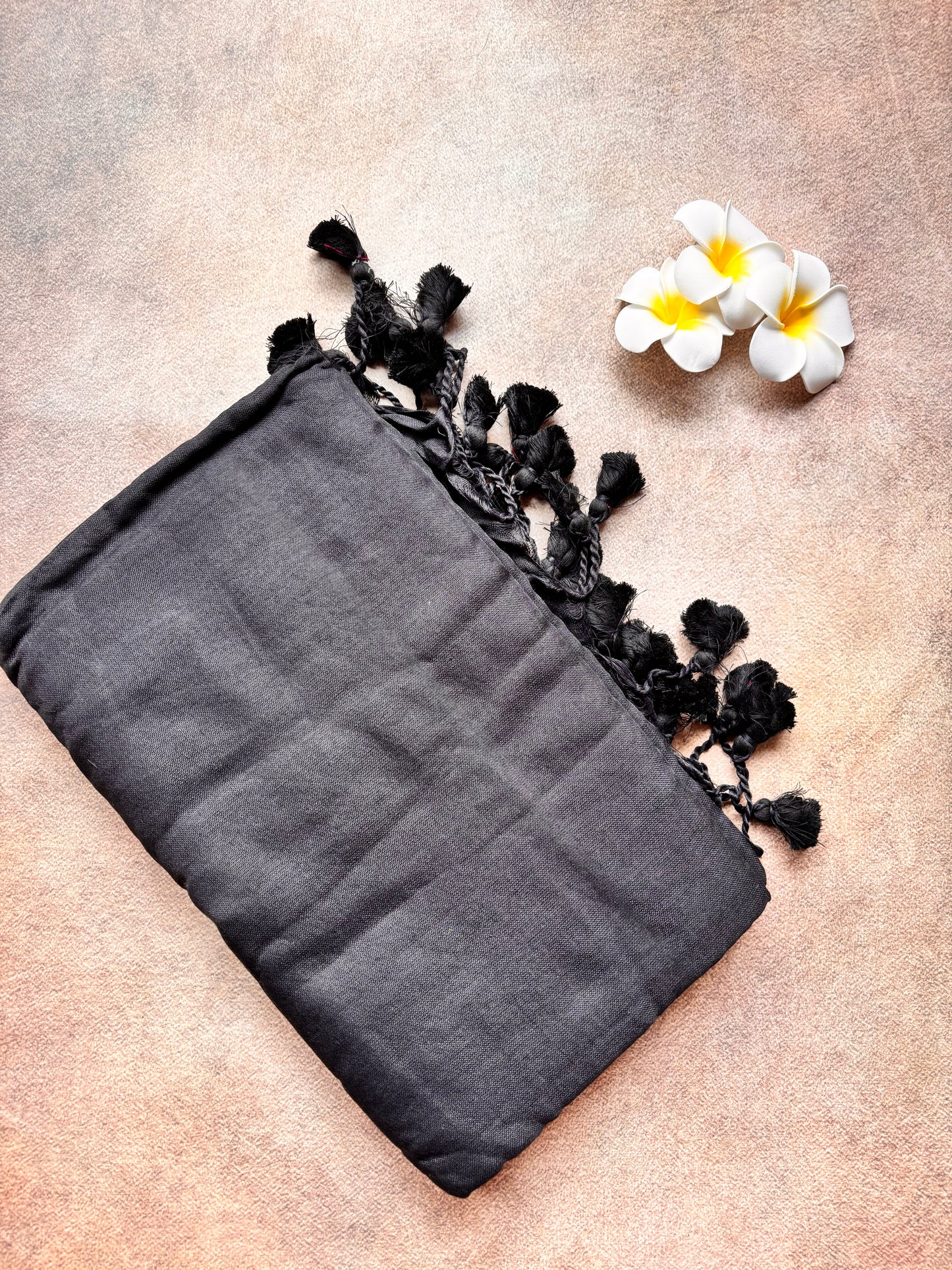 Plain Black Kadhi Cotton Saree with Attached Blouse Featuring Elephant Motif | The Laya Looms