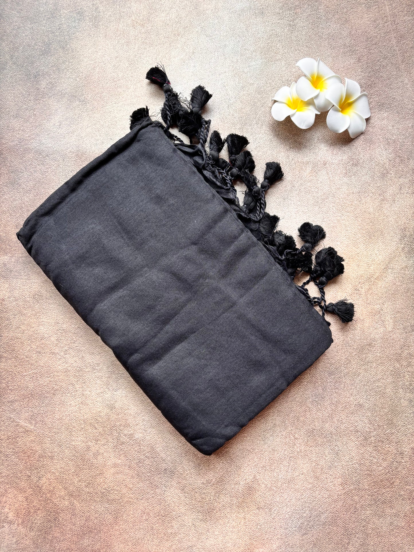 Plain Black Kadhi Cotton Saree with Attached Blouse Featuring Elephant Motif | The Laya Looms