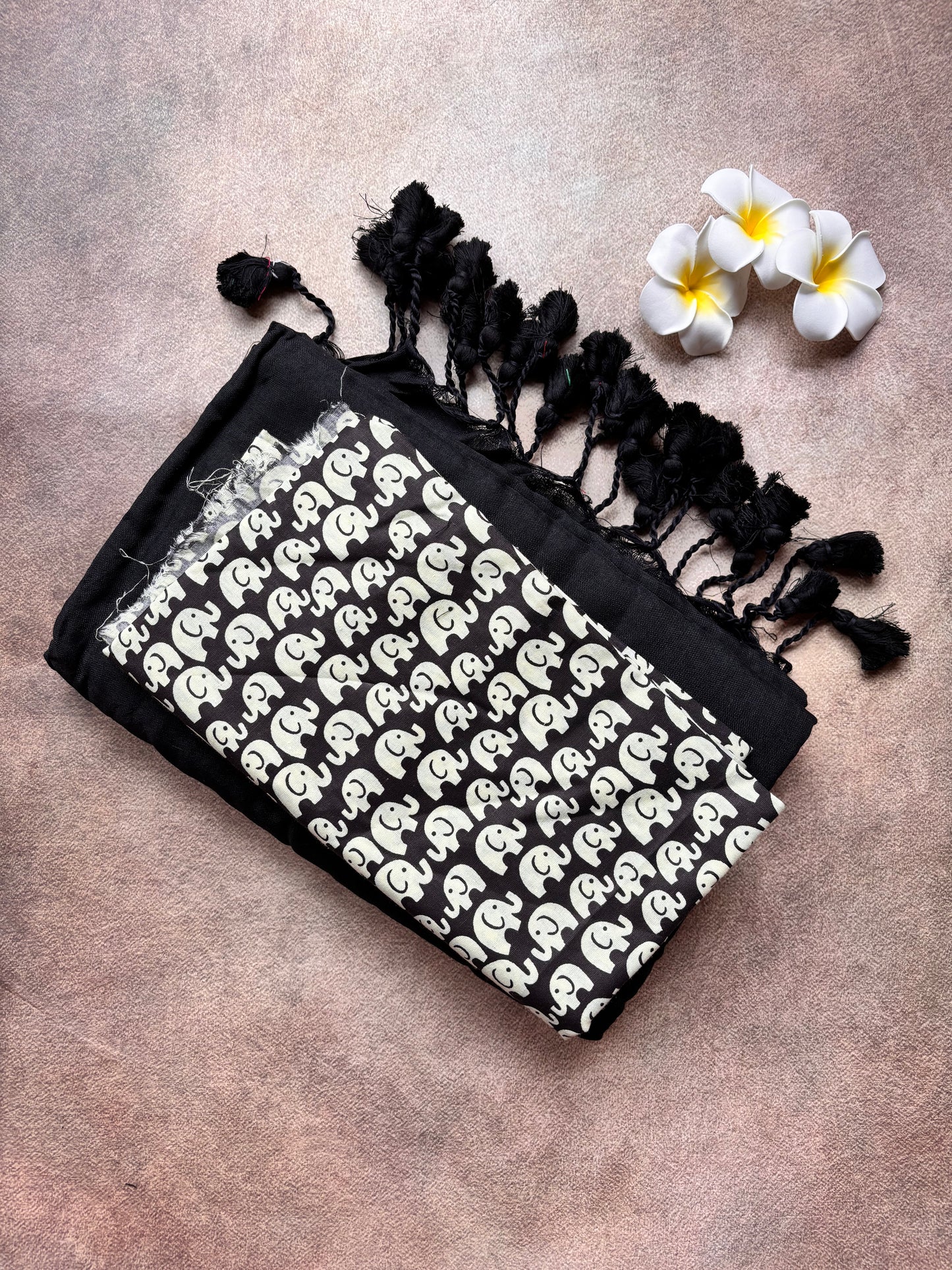 Plain Black Kadhi Cotton Saree with Attached Blouse Featuring Elephant Motif | The Laya Looms
