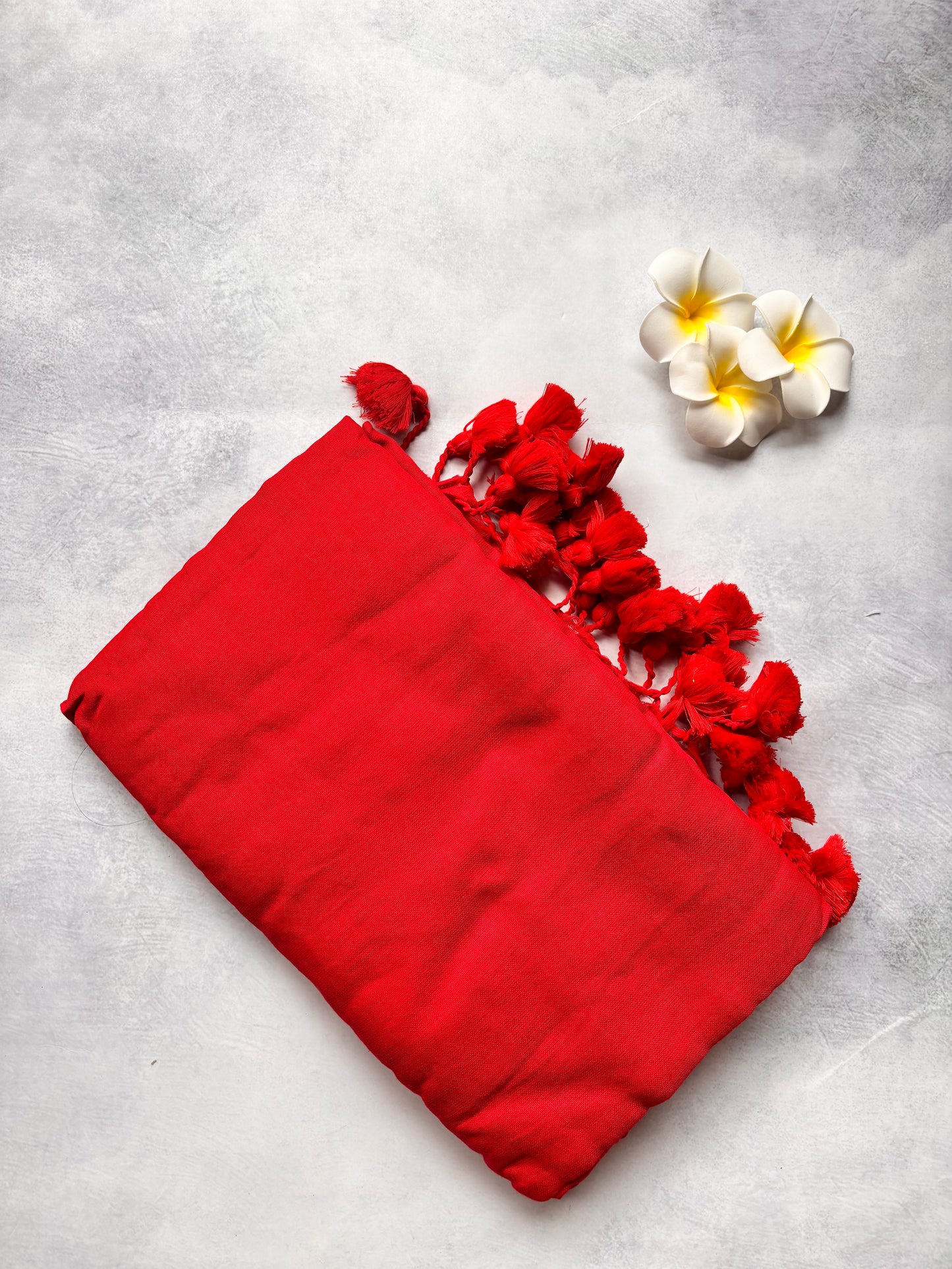 Plain Red Kadhi Cotton Saree with Red Tassels | The Laya Looms