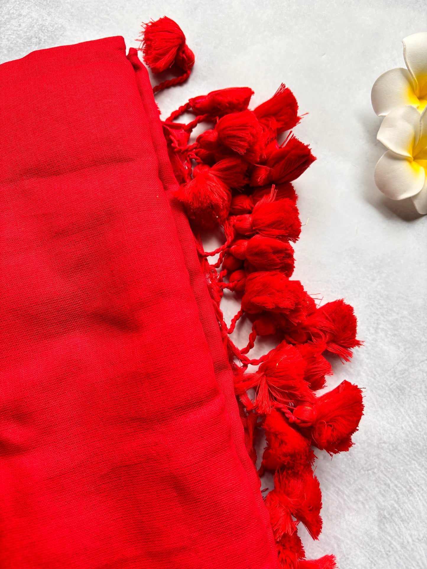 Plain Red Kadhi Cotton Saree with Red Tassels | The Laya Looms