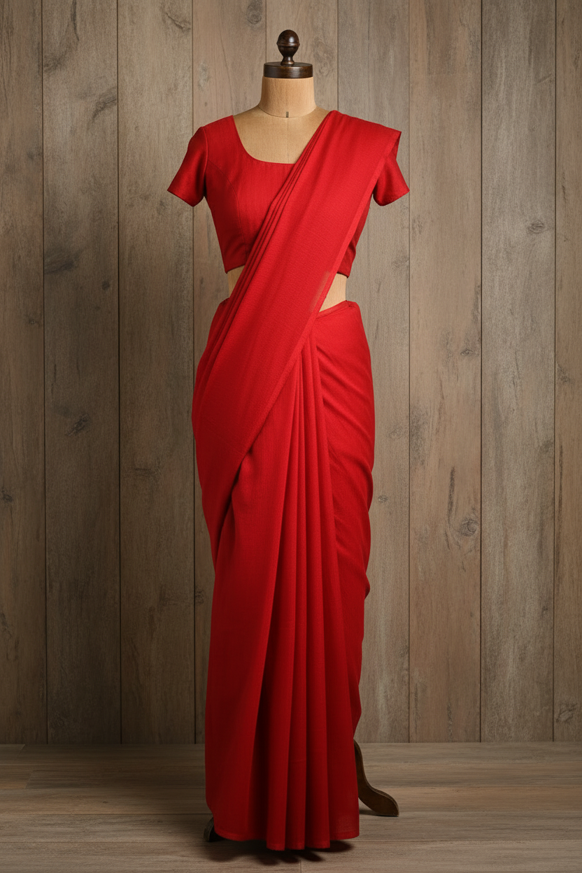 Plain Red Kadhi Cotton Saree with Red Tassels | The Laya Looms | TLL075