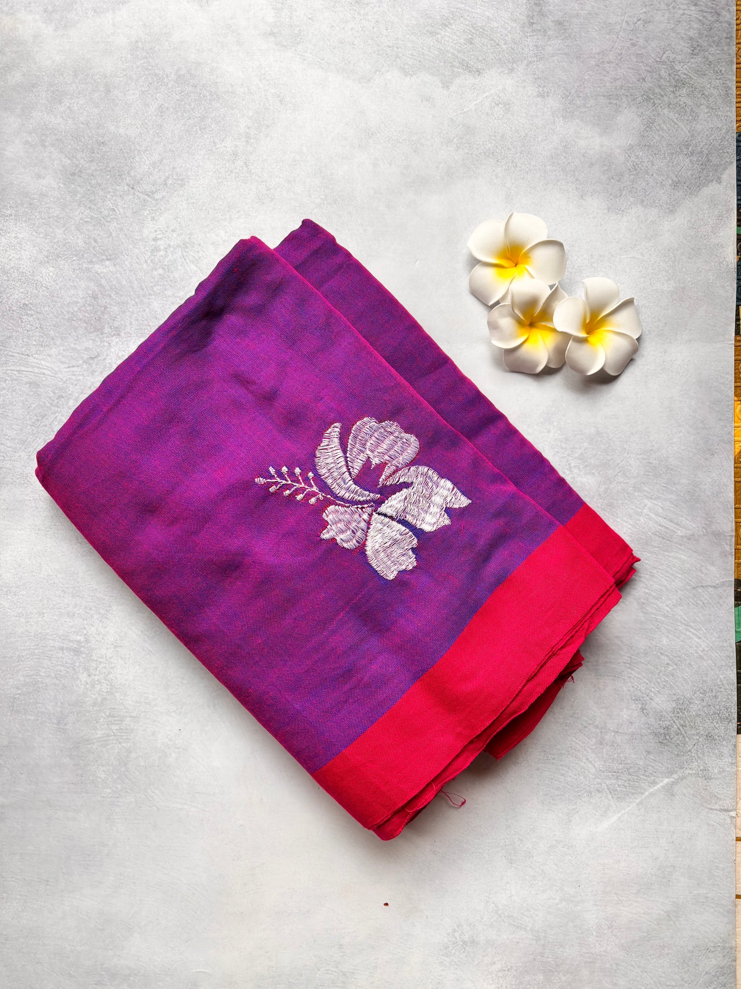 Kadhi Cotton Saree in Purple with White Embroidery Hibiscus & Pink Border | The Laya Looms