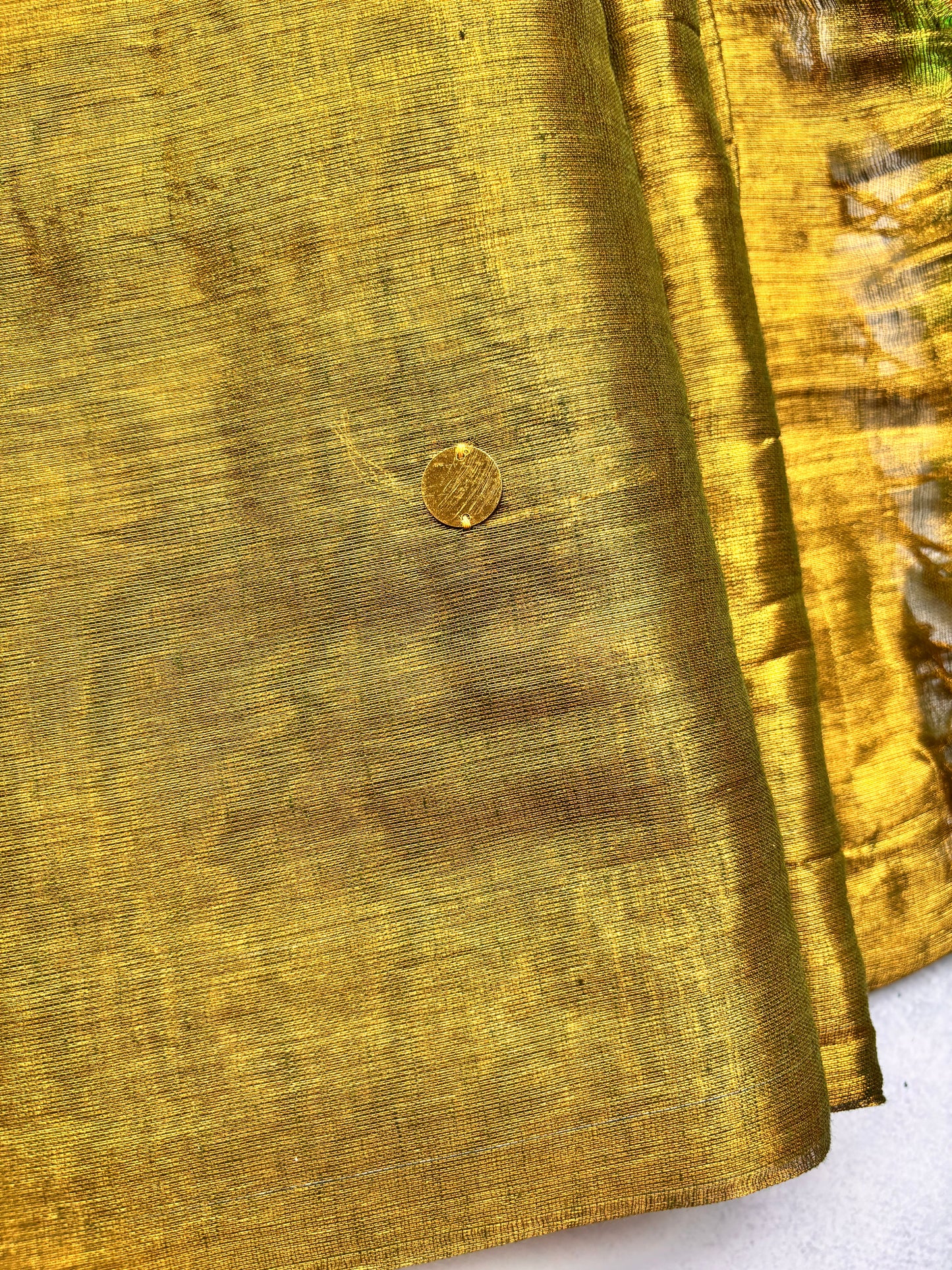 Raga Tissue Kadhi Cotton Saree with Green Tassels & Golden Mirror Work | The Laya Looms