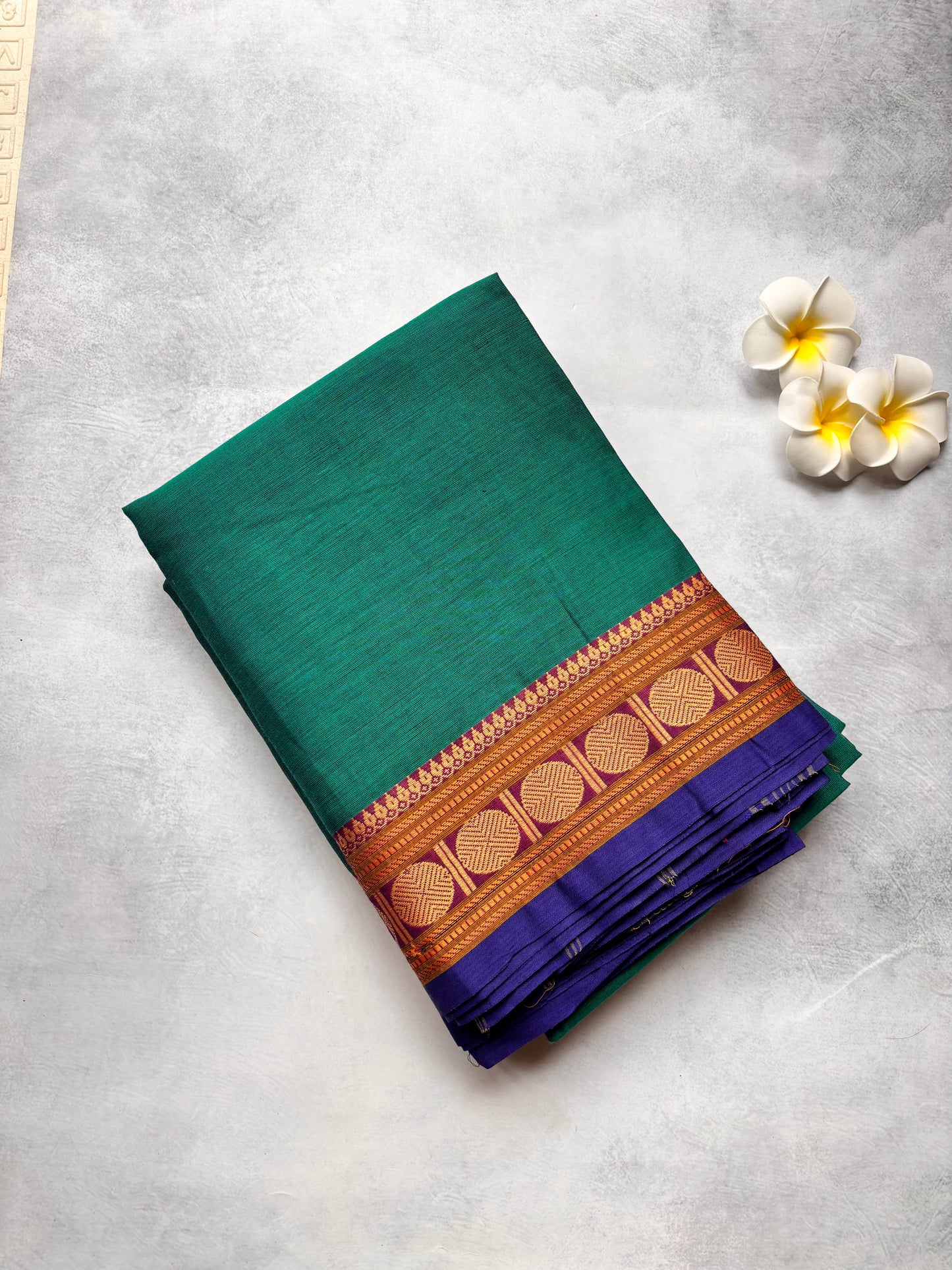 Rama Green Chettinad Cotton Saree with Blue Border & Maroon Rudraksham | Mango Printed Cotton Blouse | The Laya Looms