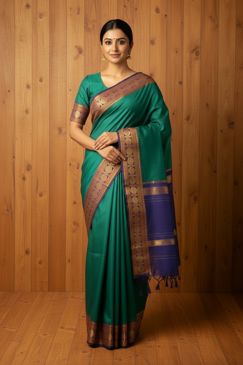Rama Green Chettinad Cotton Saree with Blue Border & Maroon Rudraksham | Mango Printed Cotton Blouse | The Laya Looms | TLL083