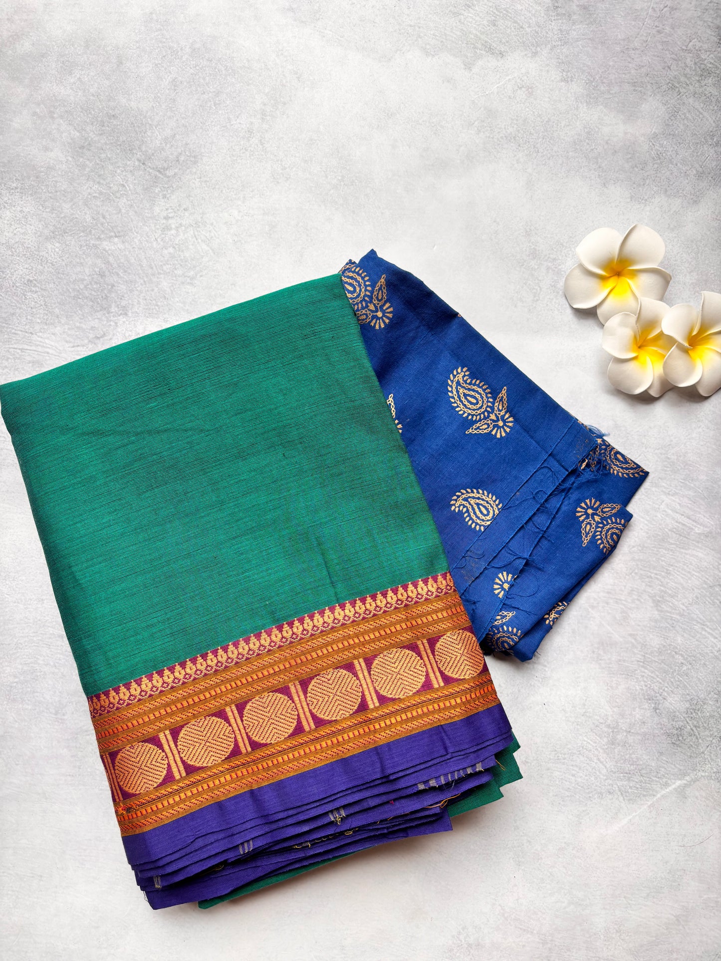 Rama Green Chettinad Cotton Saree with Blue Border & Maroon Rudraksham | Mango Printed Cotton Blouse | The Laya Looms