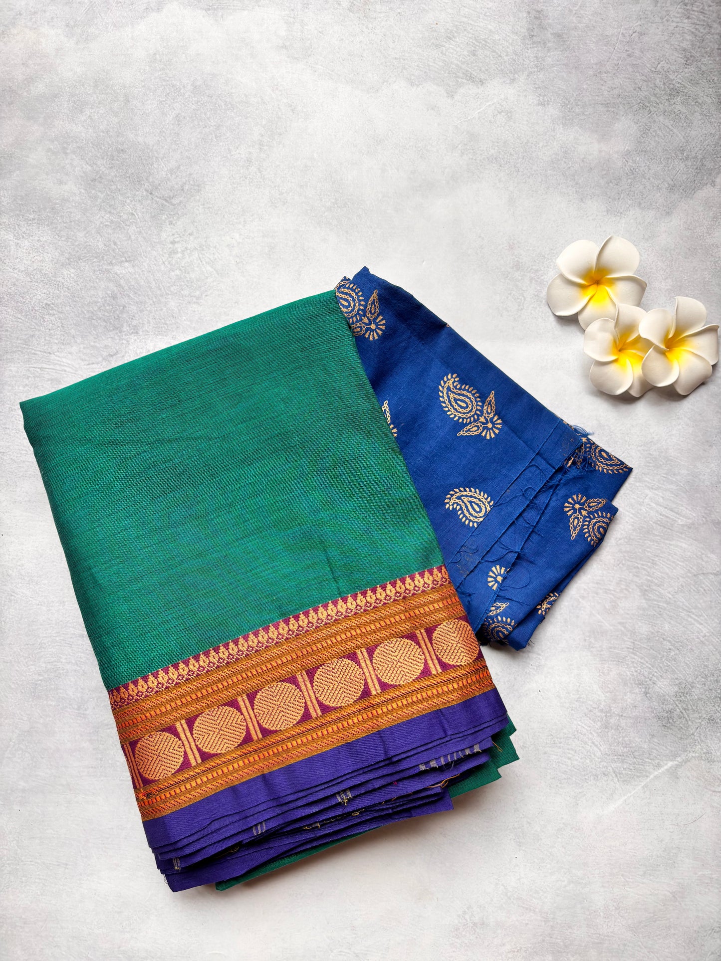 Rama Green Chettinad Cotton Saree with Blue Border & Maroon Rudraksham | Mango Printed Cotton Blouse | The Laya Looms