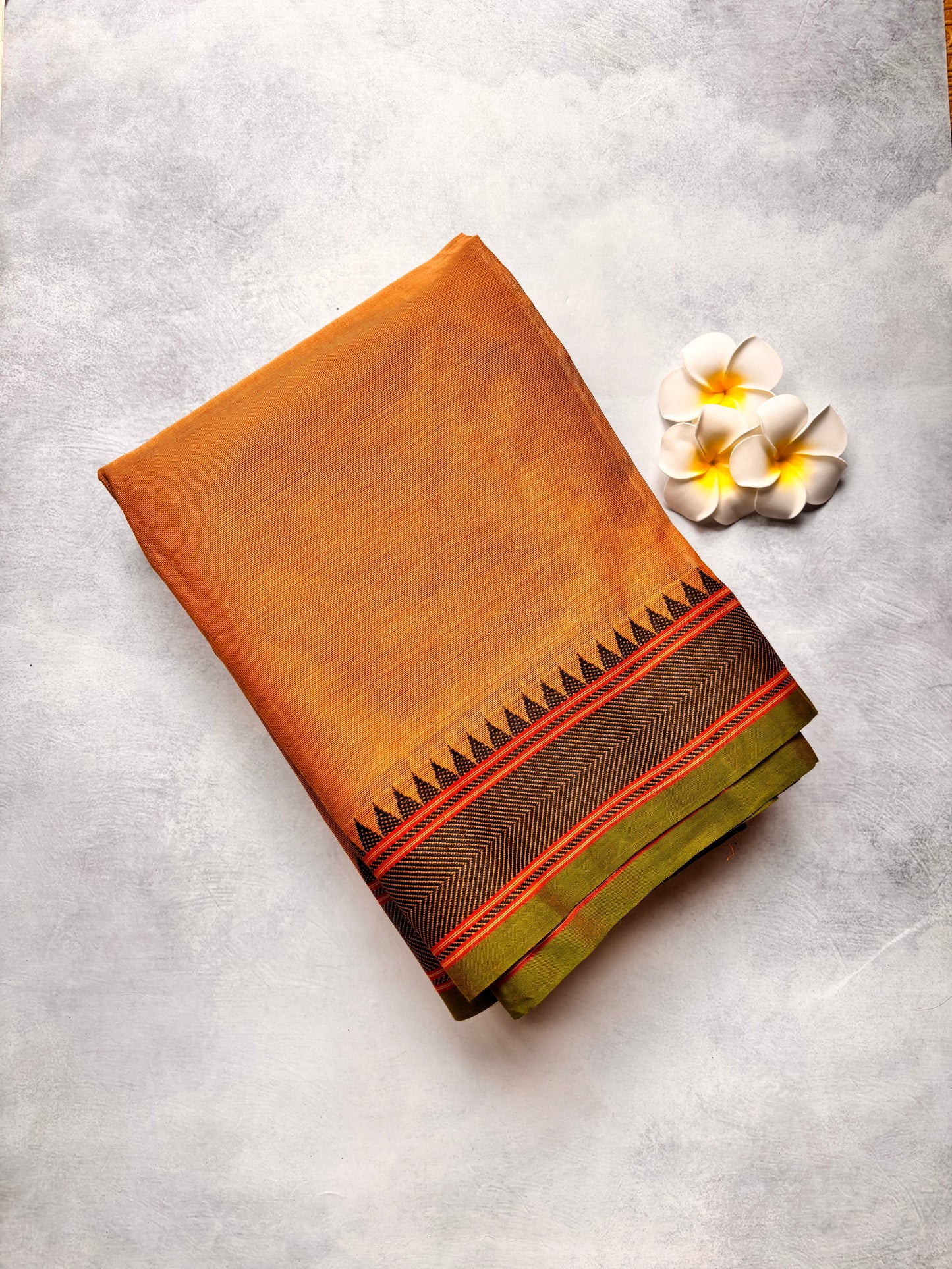 Biscuit Cream Chettinad Cotton Saree with Green Line & Black Border Design | The Laya Looms
