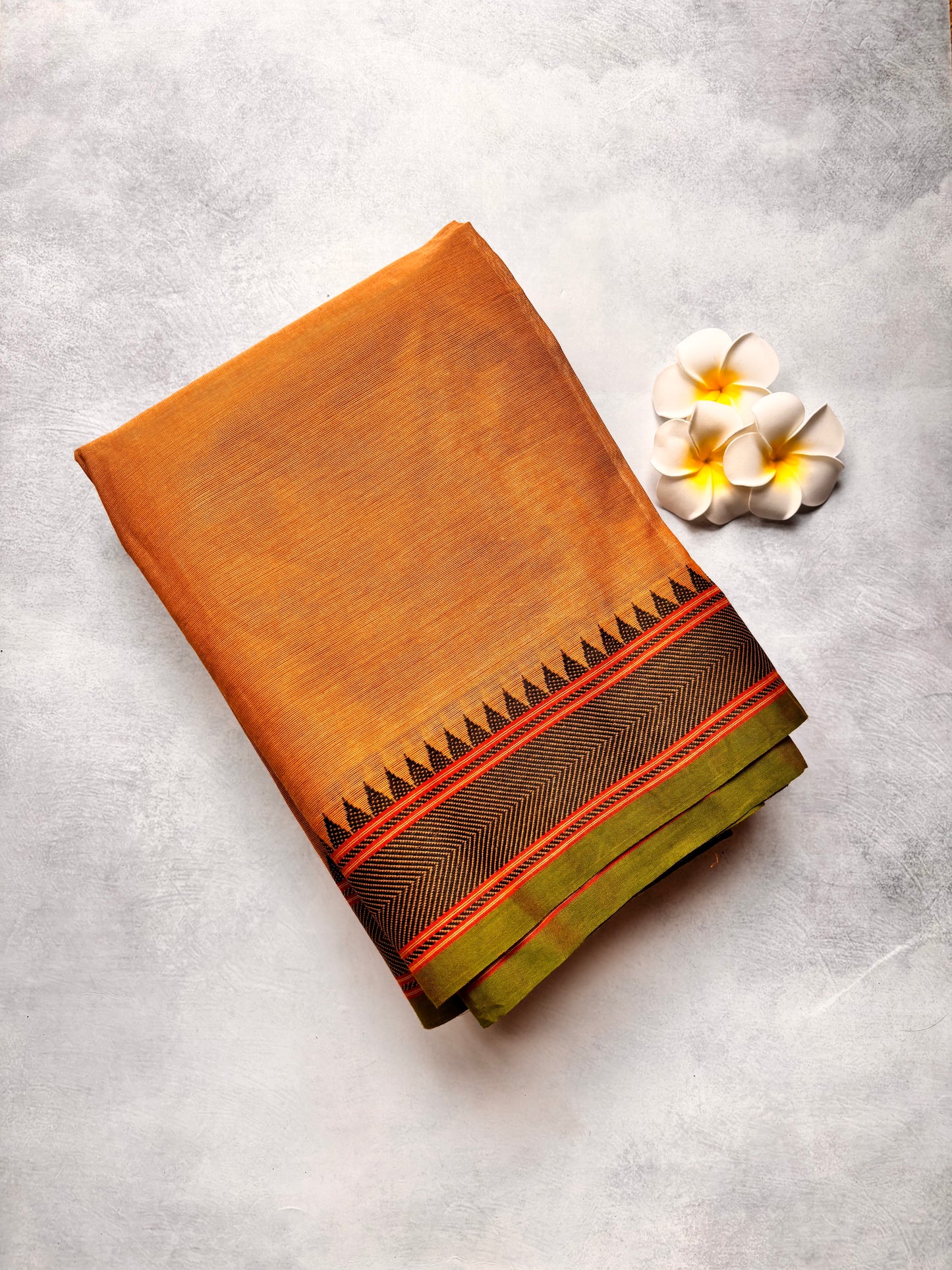 Biscuit Cream Chettinad Cotton Saree with Green Line & Black Border Design | The Laya Looms