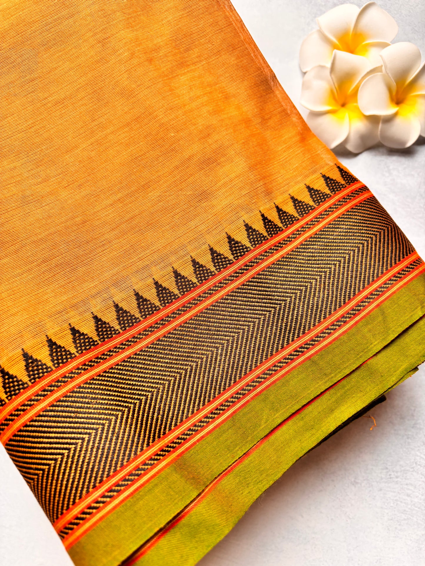 Biscuit Cream Chettinad Cotton Saree with Green Line & Black Border Design | The Laya Looms