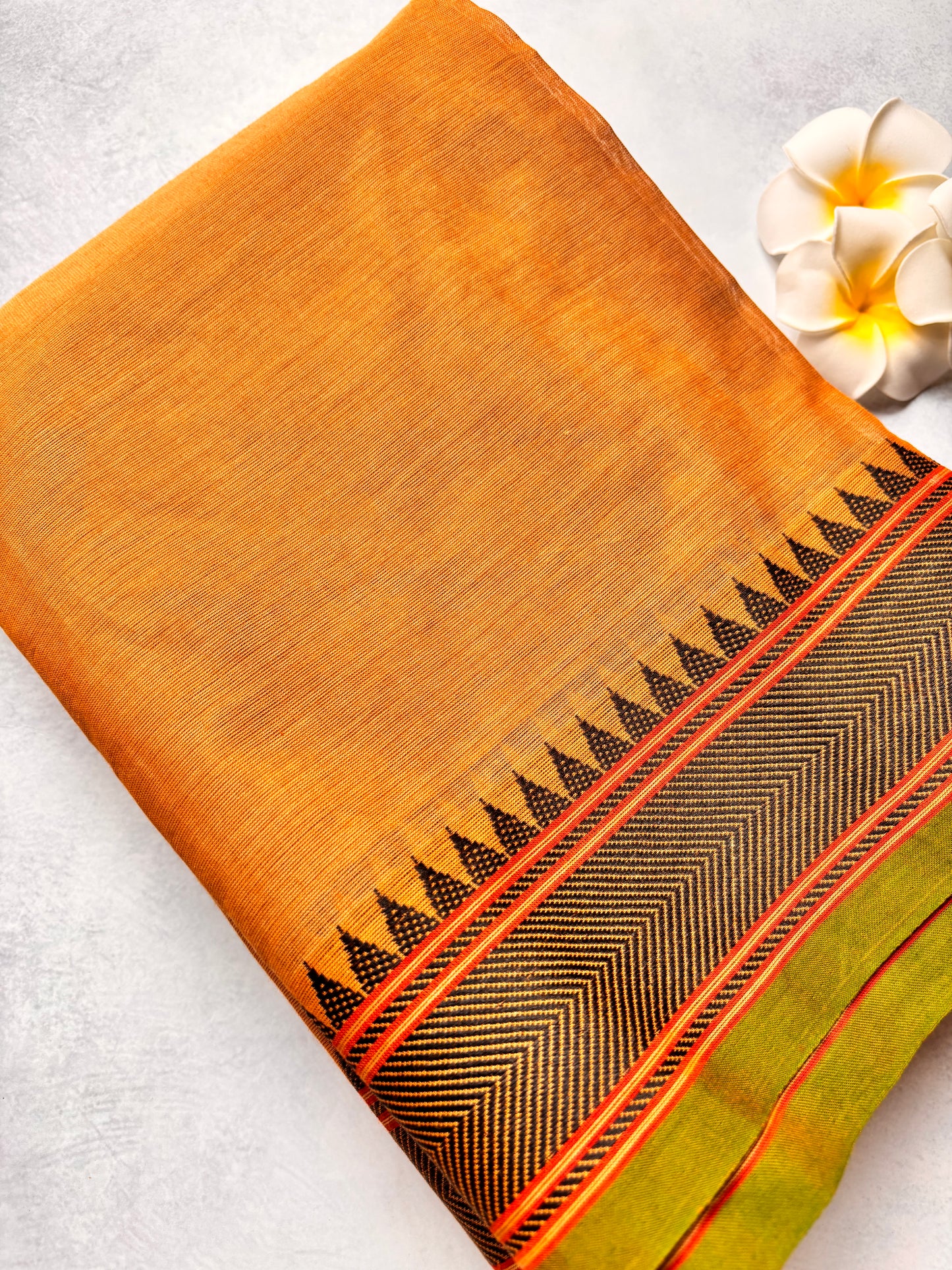 Biscuit Cream Chettinad Cotton Saree with Green Line & Black Border Design | The Laya Looms