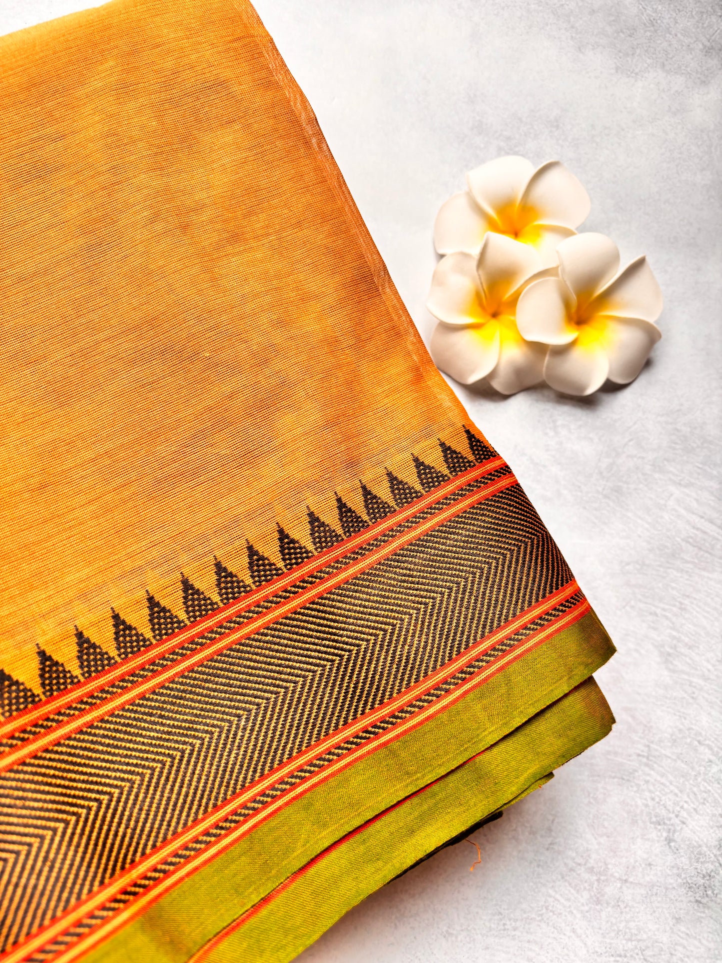 Biscuit Cream Chettinad Cotton Saree with Green Line & Black Border Design | The Laya Looms