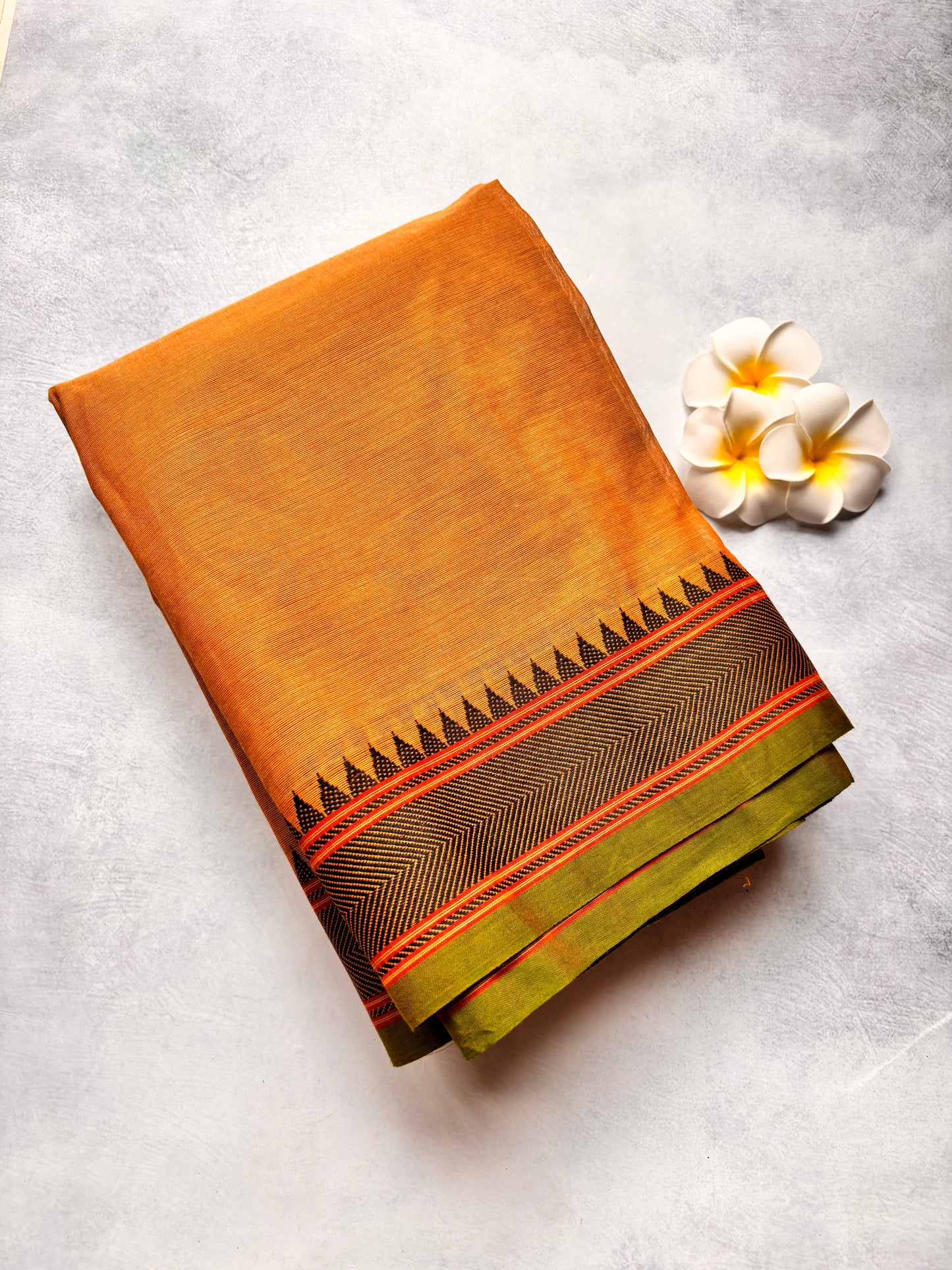 Biscuit Cream Chettinad Cotton Saree with Green Line & Black Border Design | The Laya Looms