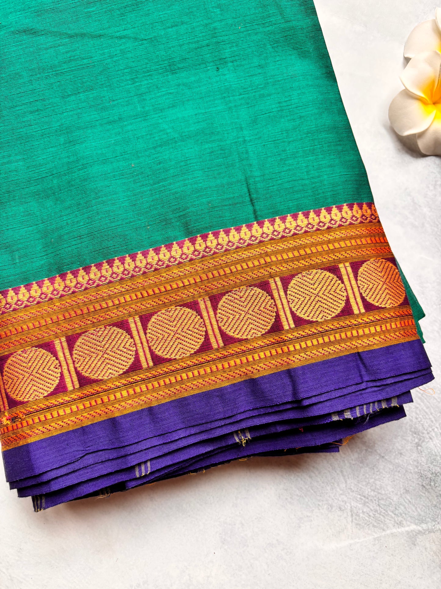 Rama Green Chettinad Cotton Saree with Blue Border & Maroon Rudraksham | Mango Printed Cotton Blouse | The Laya Looms