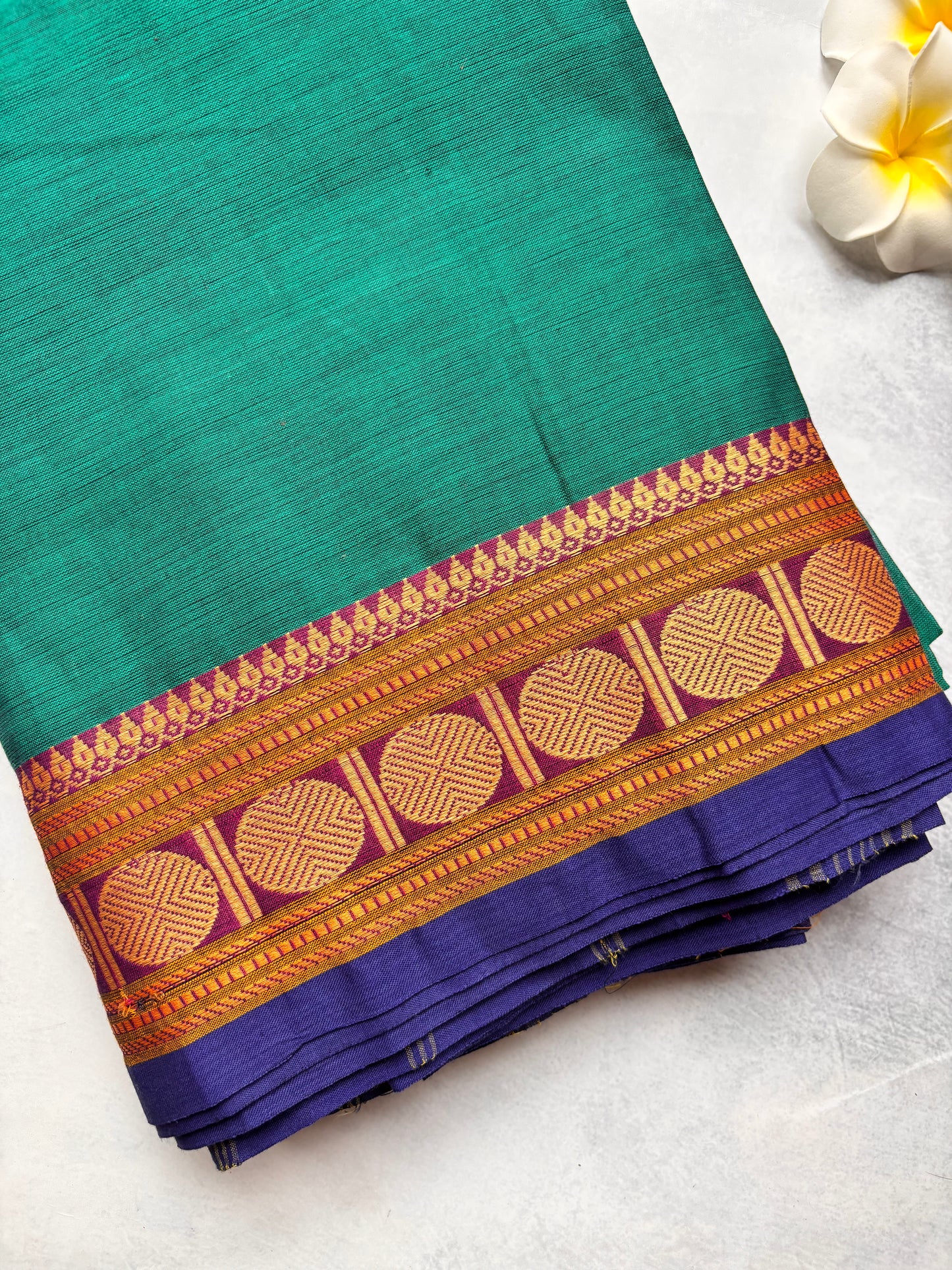 Rama Green Chettinad Cotton Saree with Blue Border & Maroon Rudraksham | Mango Printed Cotton Blouse | The Laya Looms