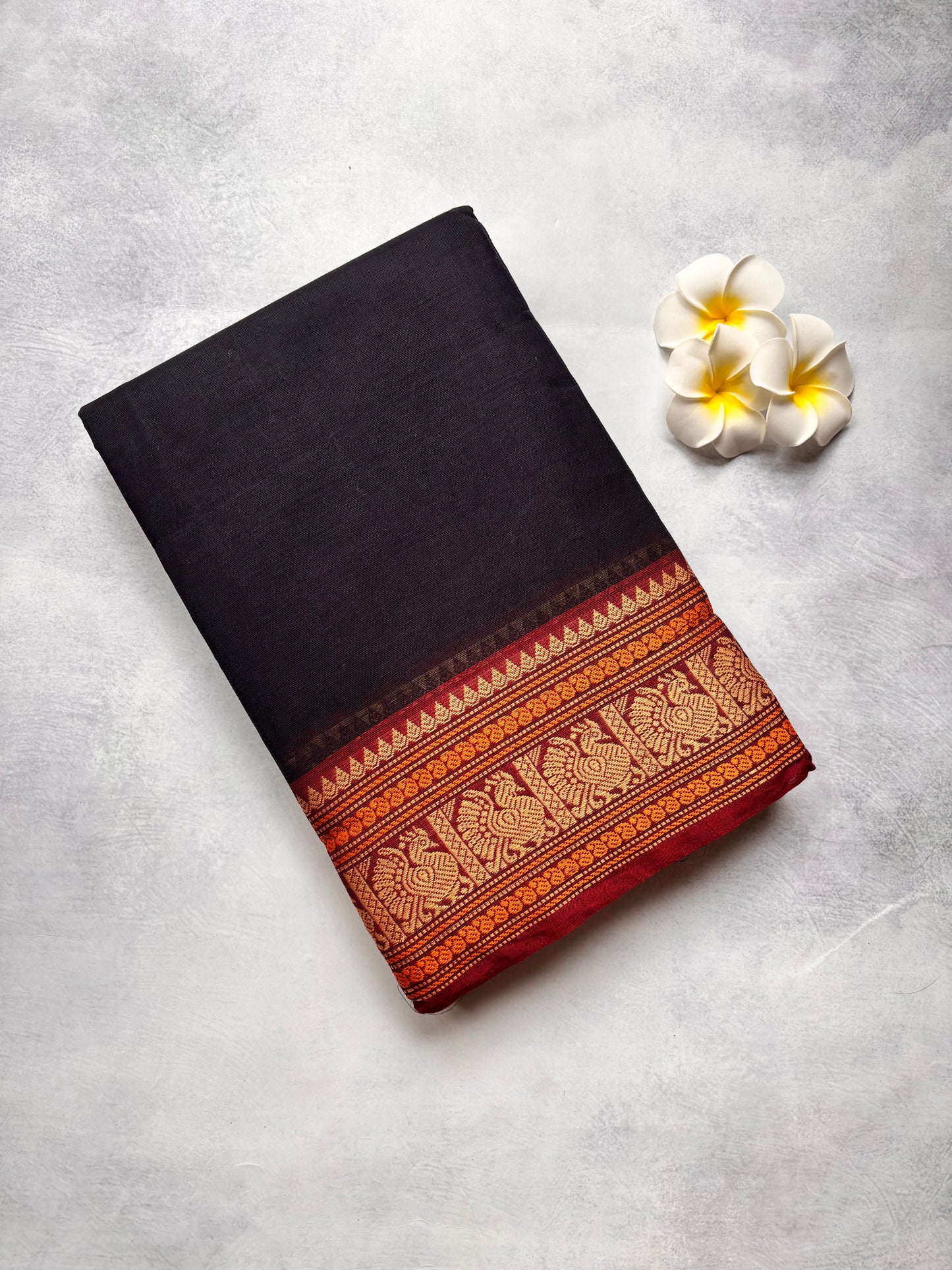 Black Kanchi Cotton Saree with Traditional Annam Border & Attached Blouse | The Laya Looms