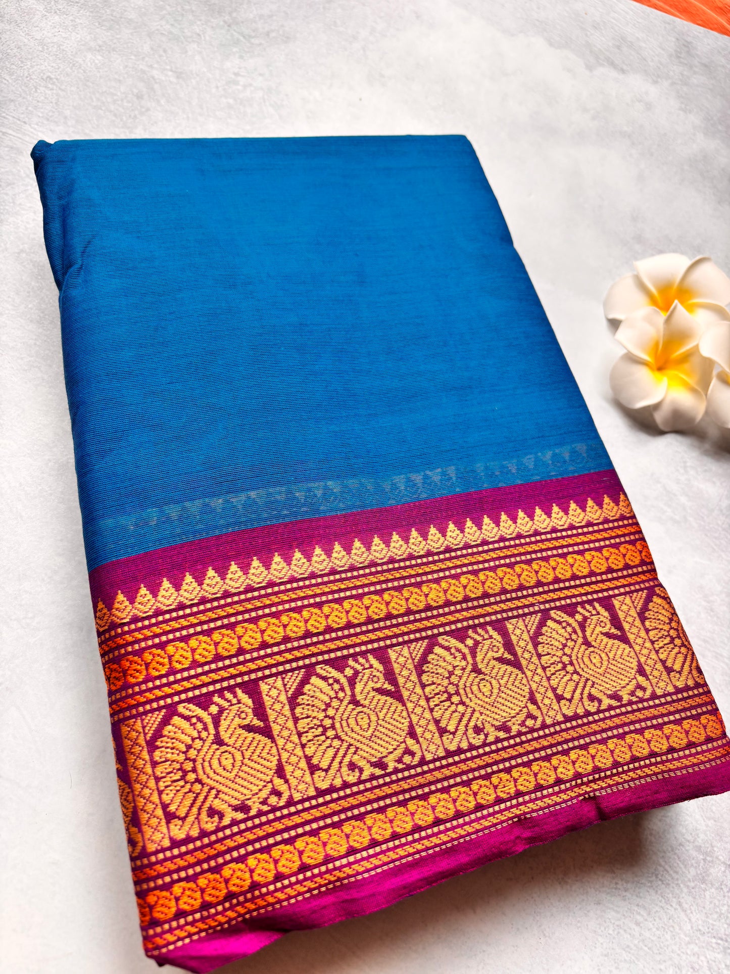 Plain Violet Kanchi Cotton Saree with purple Annam Border | The Laya Looms