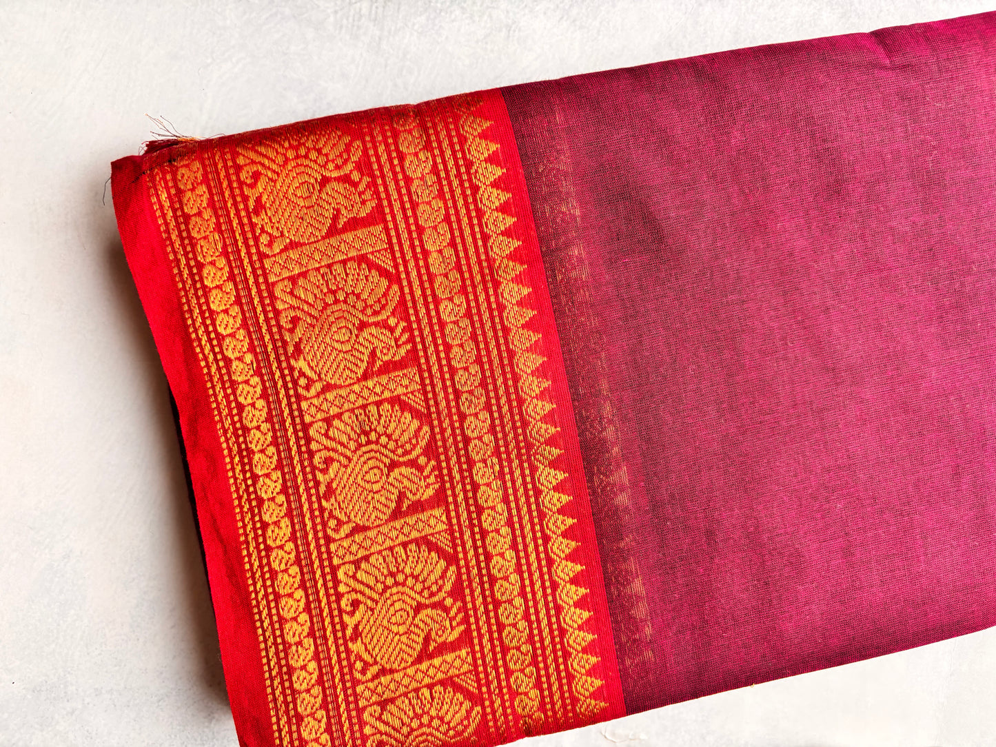 Maroon Kanchi Cotton Saree with Orange Annam Border | The Laya Looms