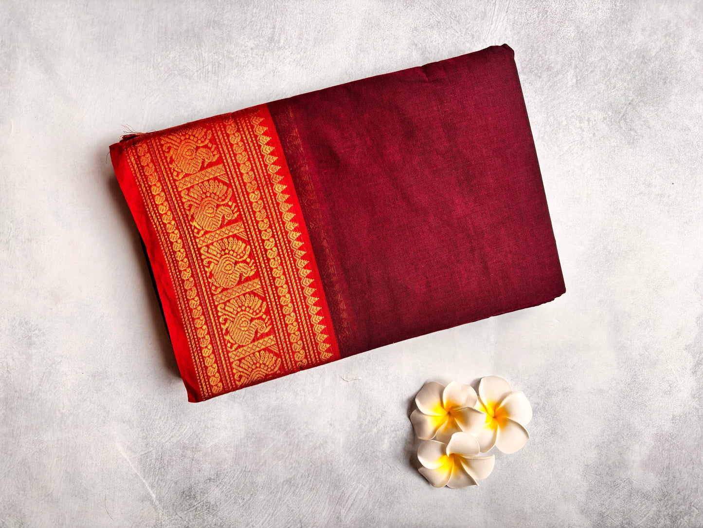 Maroon Kanchi Cotton Saree with Orange Annam Border | The Laya Looms