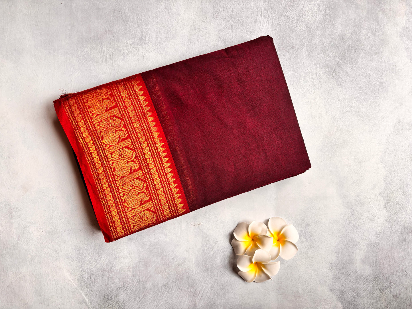 Maroon Kanchi Cotton Saree with Orange Annam Border | The Laya Looms