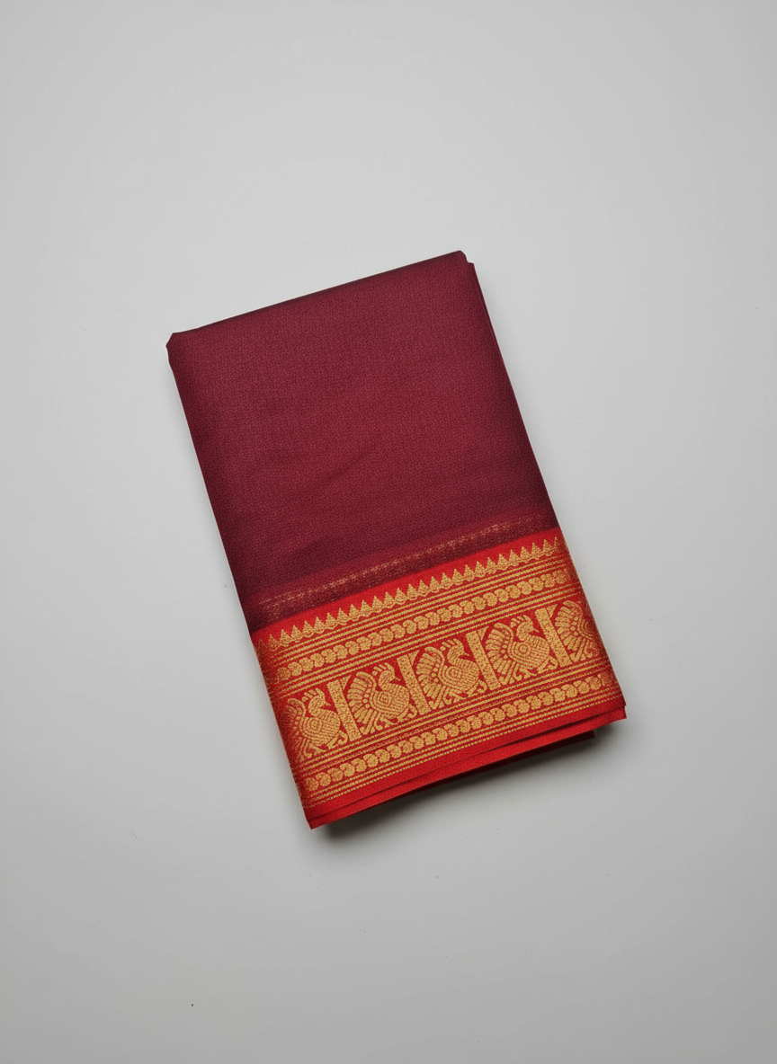 Maroon Kanchi Cotton Saree with Orange Annam Border | The Laya Looms