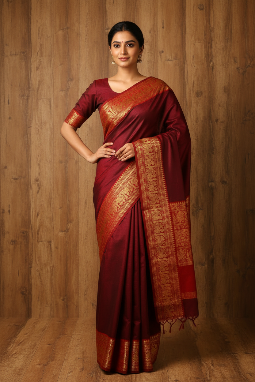 Maroon Kanchi Cotton Saree with pink Annam Border | The Laya Looms | TLL082