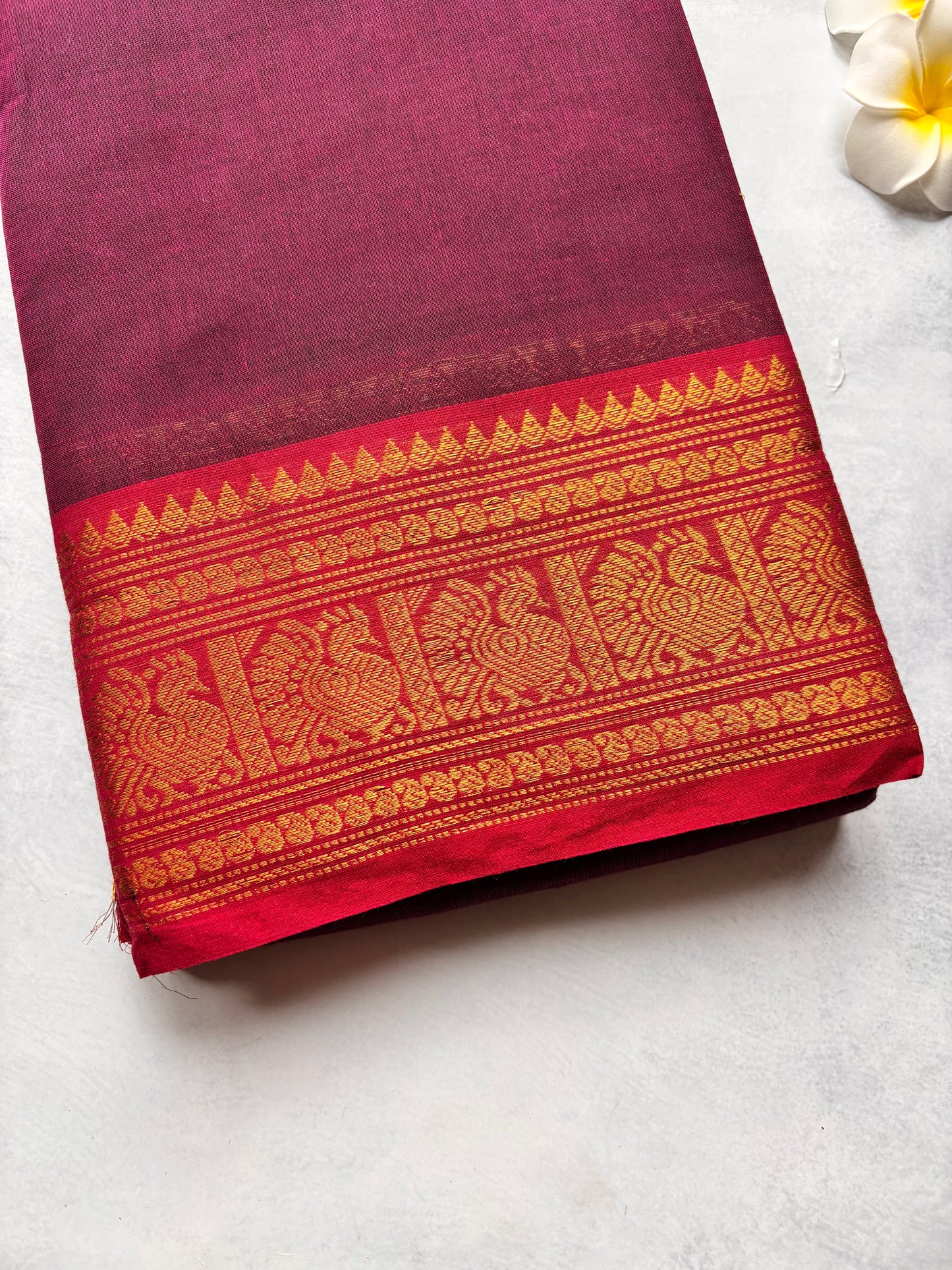 Maroon Kanchi Cotton Saree with Orange Annam Border | The Laya Looms