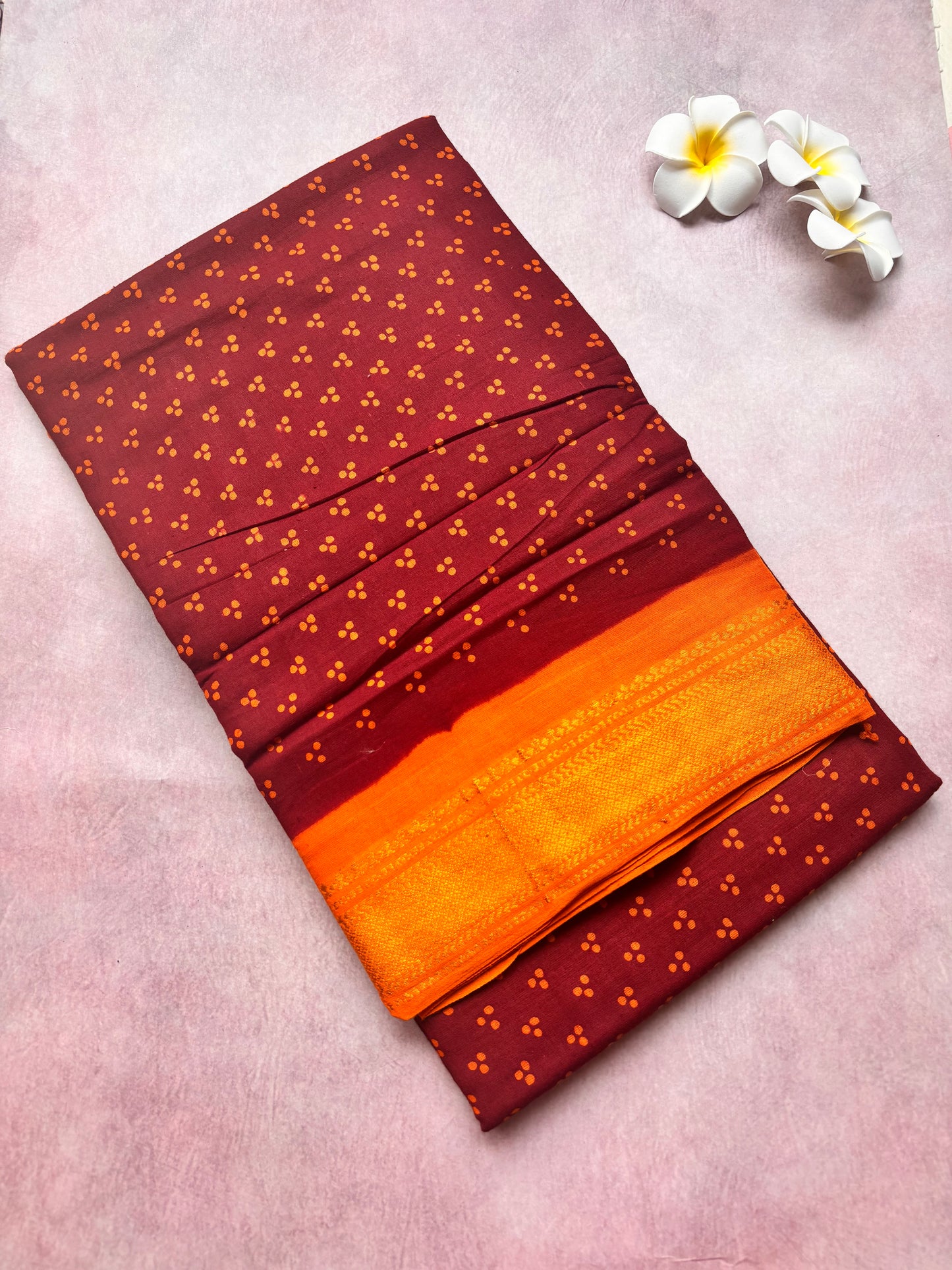 Authentic Soft Sungudi Cotton Saree – Maroon with 3 Pulli Design & Orange Border