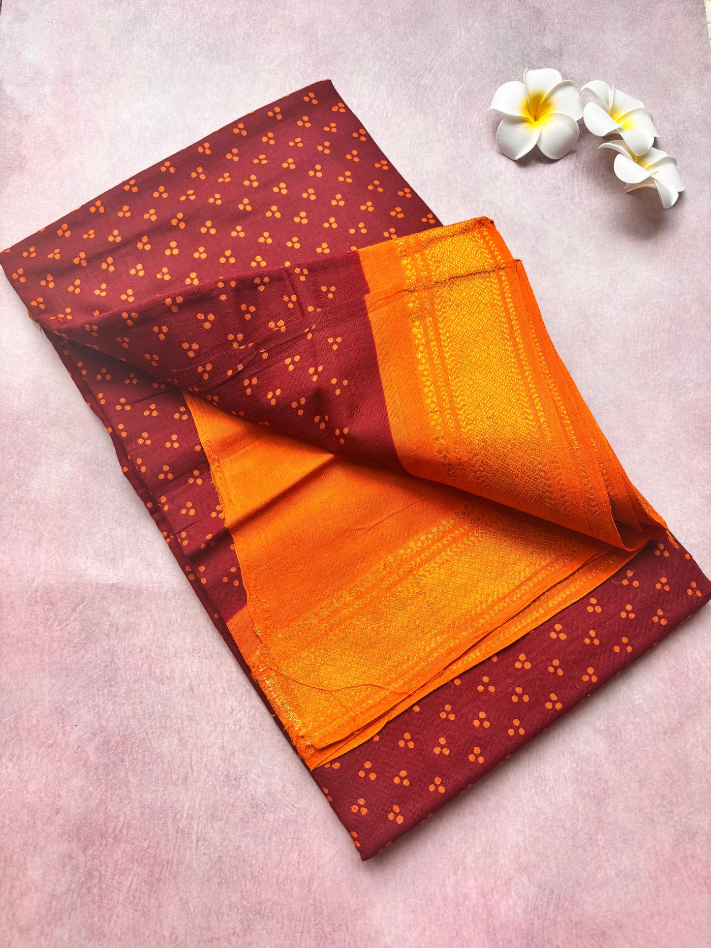 Authentic Soft Sungudi Cotton Saree – Maroon with 3 Pulli Design & Orange Border