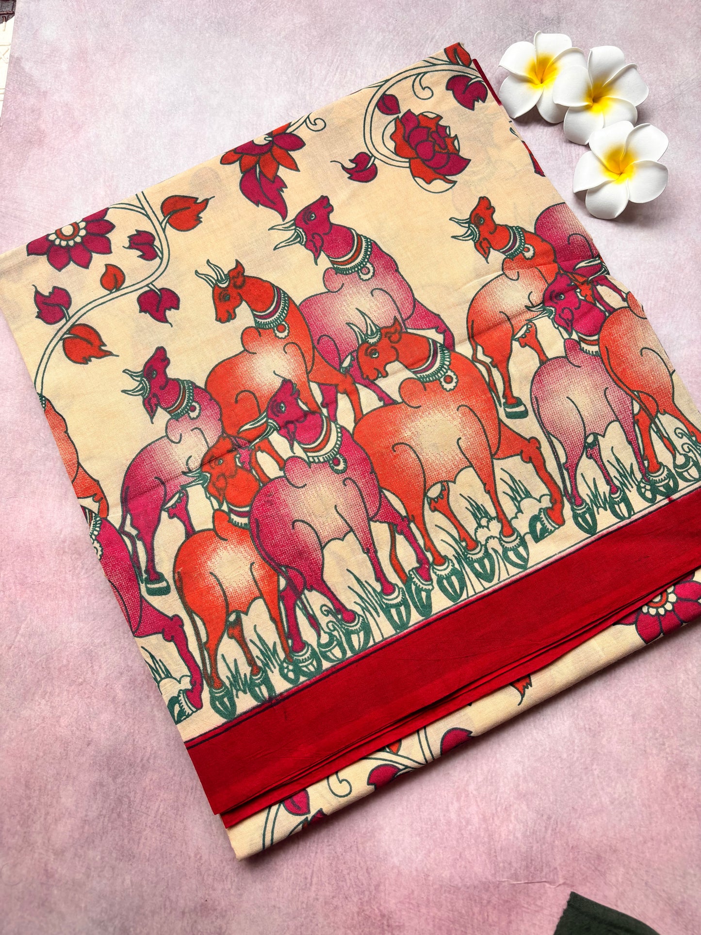 Soft Madurai Sungudi Cotton Saree – Red with Pichwai Print & Borderless Design