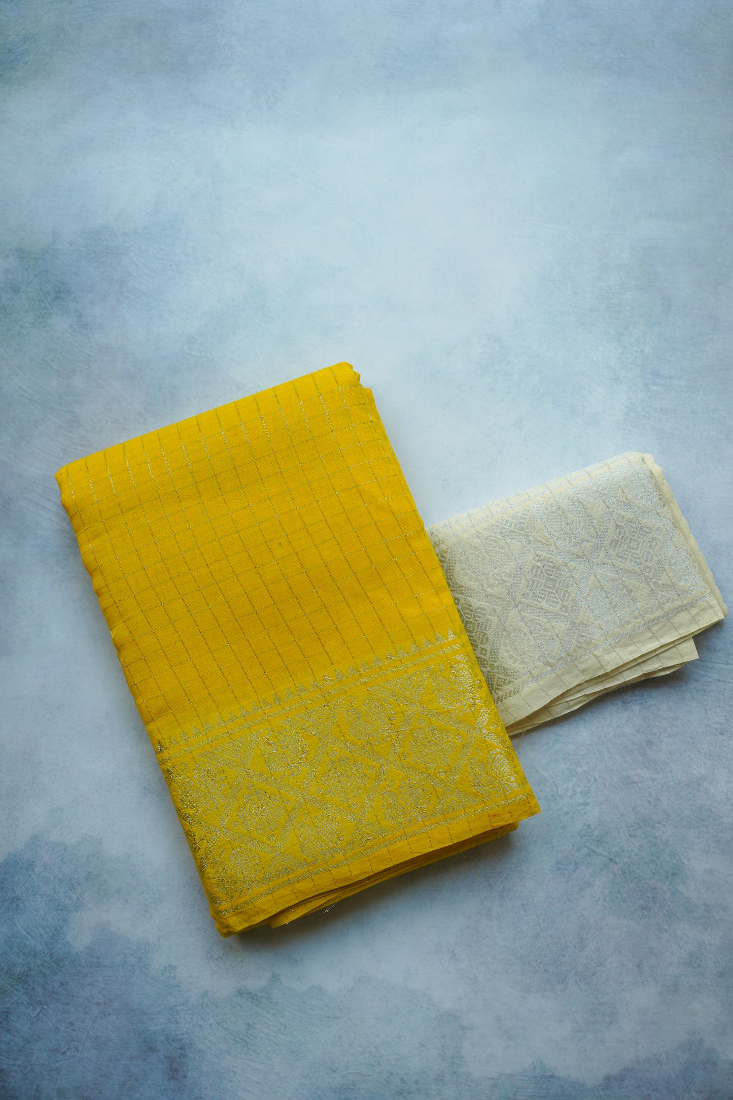 Sungudi cotton silver zari - yellow and white