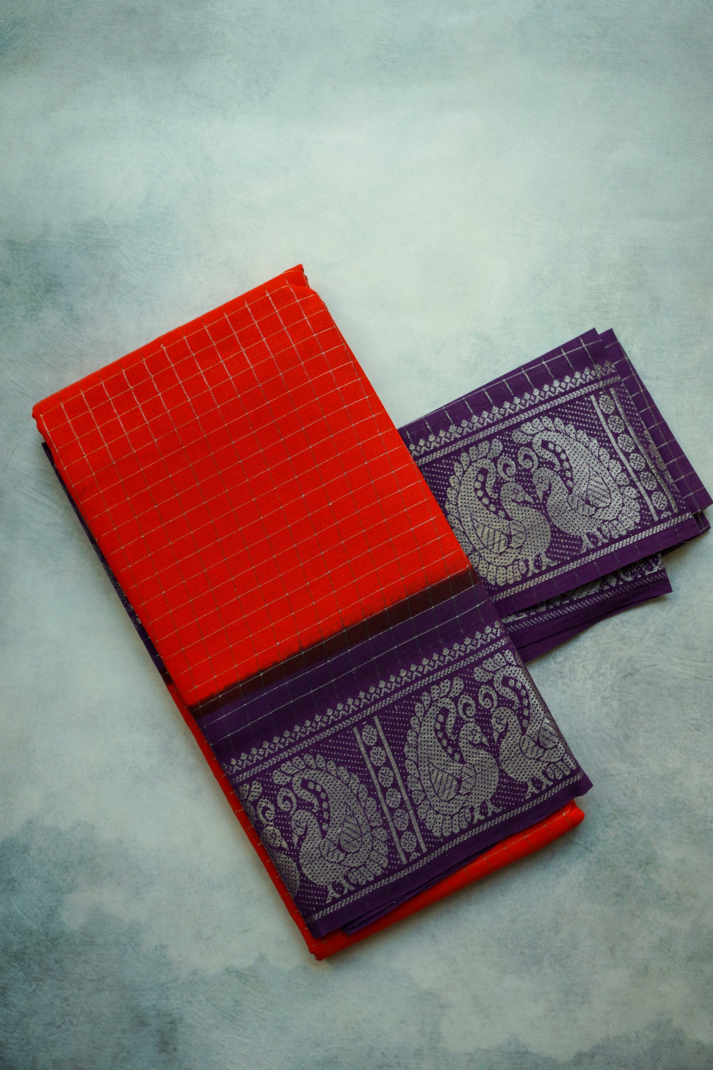 Sungudi Saree Silver Zari Checked Orange Saree with violet Border