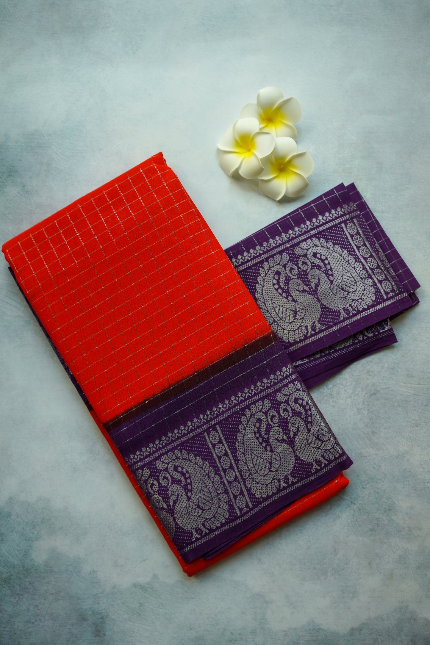 Sungudi Saree Silver Zari Checked Orange Saree with violet Border