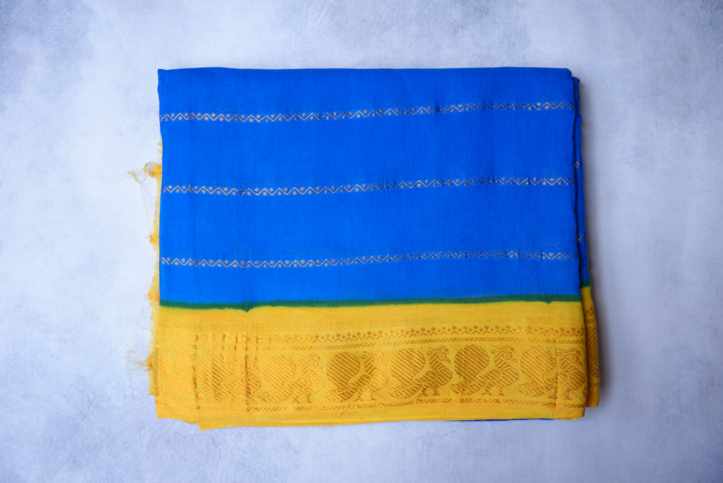 Sungudi Cotton Saree – Ink Blue with Lemon Yellow Velthari Small Border