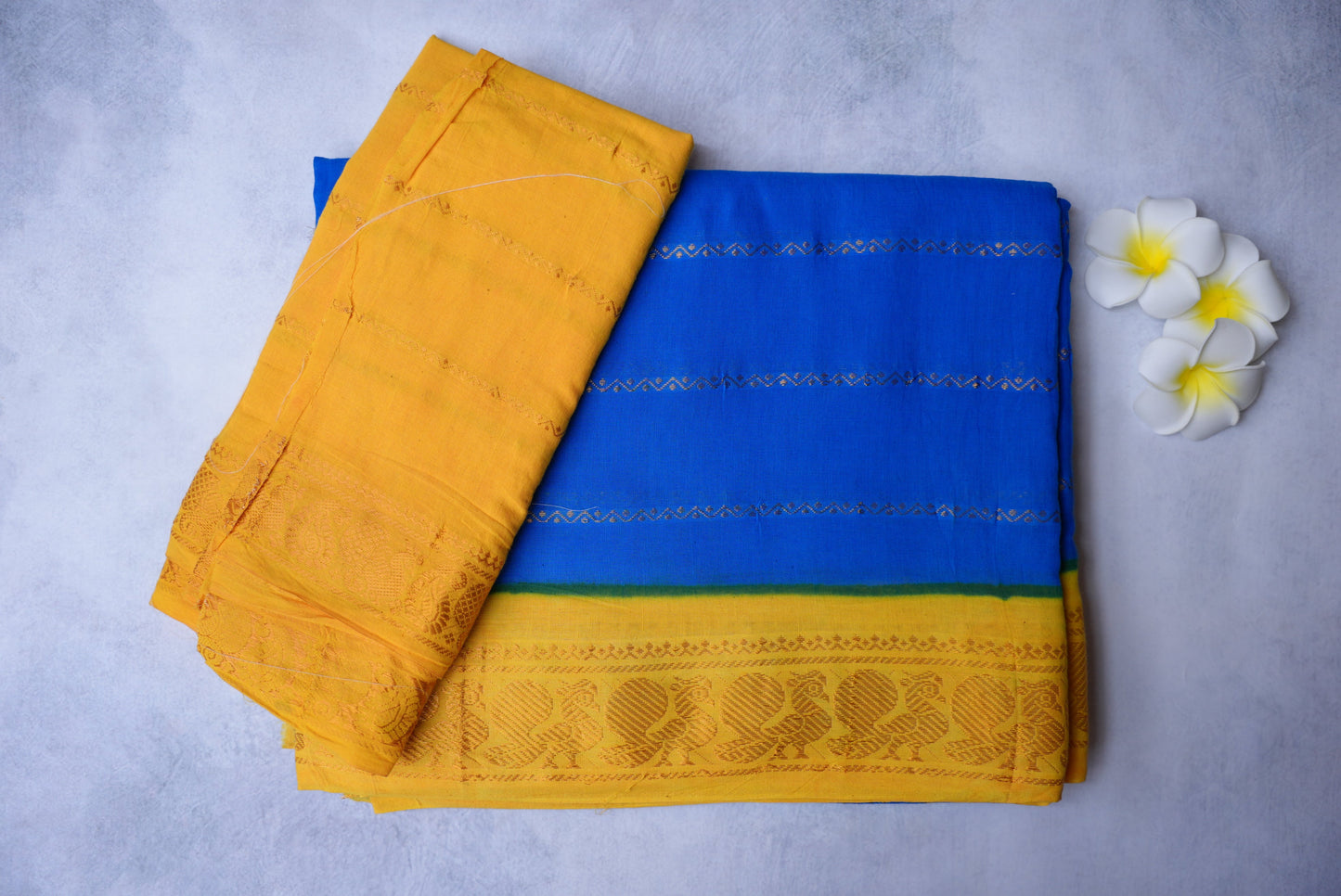 Sungudi Cotton Saree – Ink Blue with Lemon Yellow Velthari Small Border