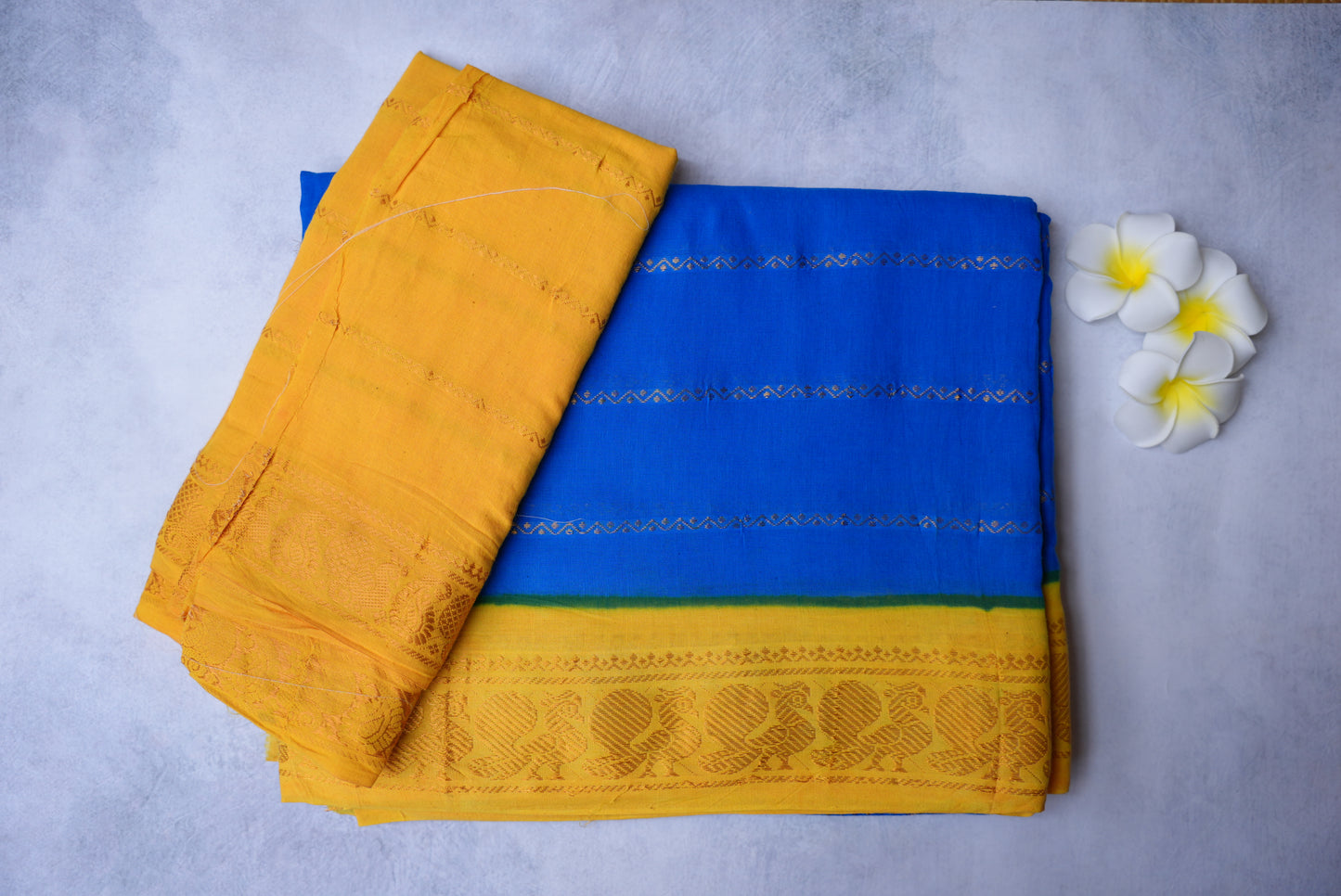 Sungudi Cotton Saree – Ink Blue with Lemon Yellow Velthari Small Border