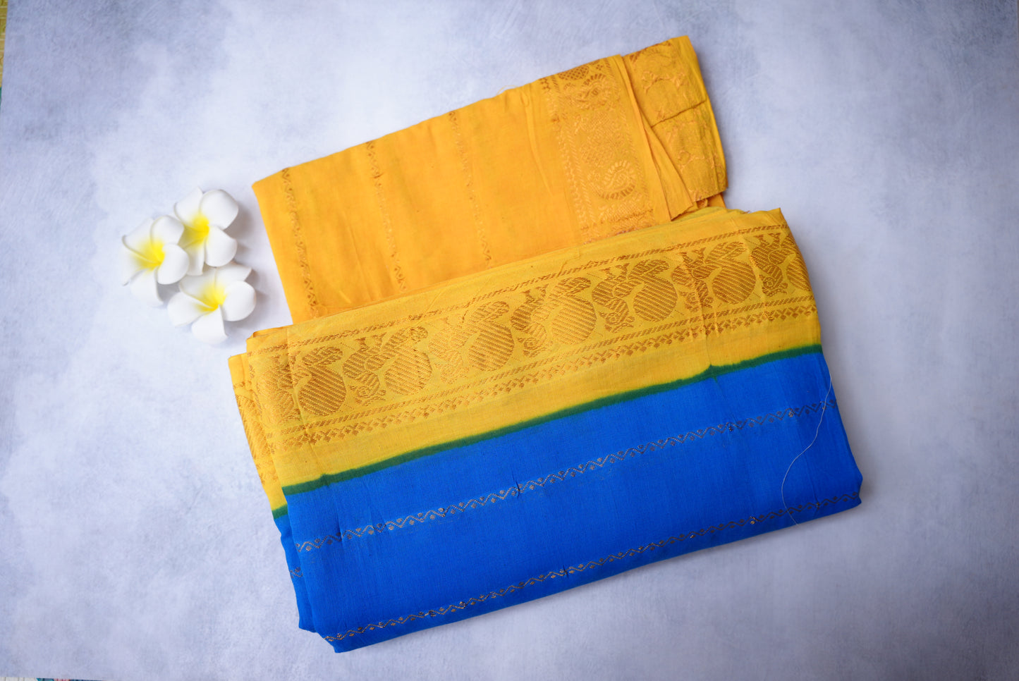 Sungudi Cotton Saree – Ink Blue with Lemon Yellow Velthari Small Border