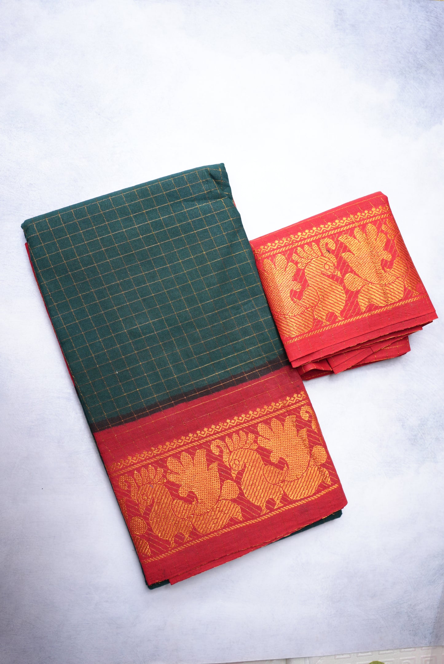 Sungudi Golden Zari Checked Bottle Green Saree with Red Border