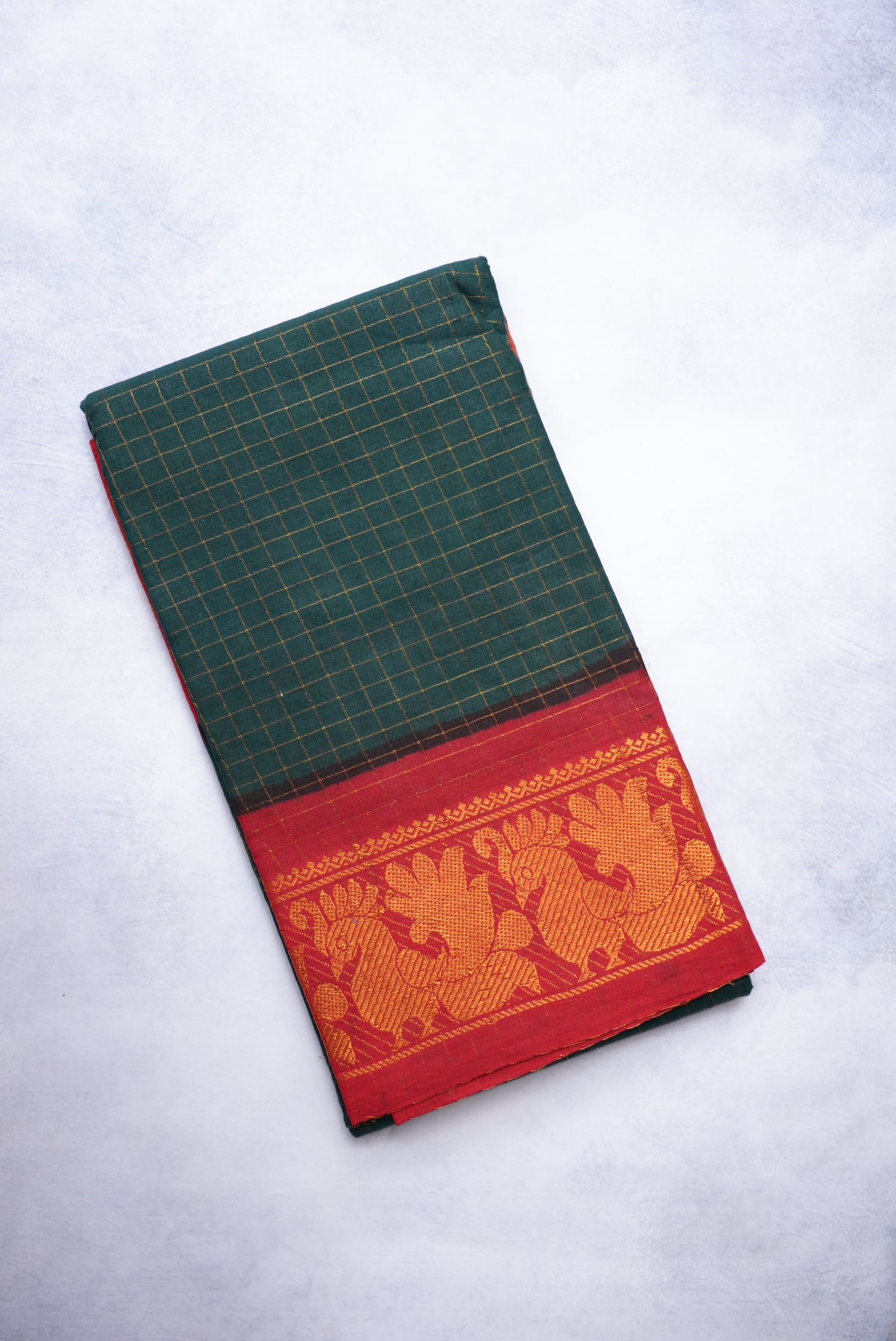 Sungudi Golden Zari Checked Bottle Green Saree with Red Border